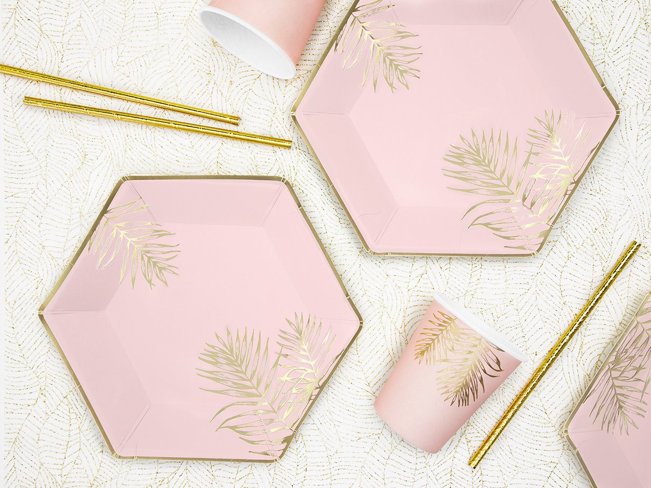 partydeco Pappteller, Pappteller Blätter 23cm rosa gold 6er Set
