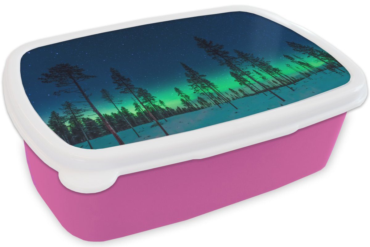 MuchoWow Lunchbox Nordlicht (2-tlg), - rosa Brotdose Natur für - - Bäume Grün, Erwachsene, Schnee Brotbox - Kunststoff, Kunststoff Snackbox, Kinder, Mädchen