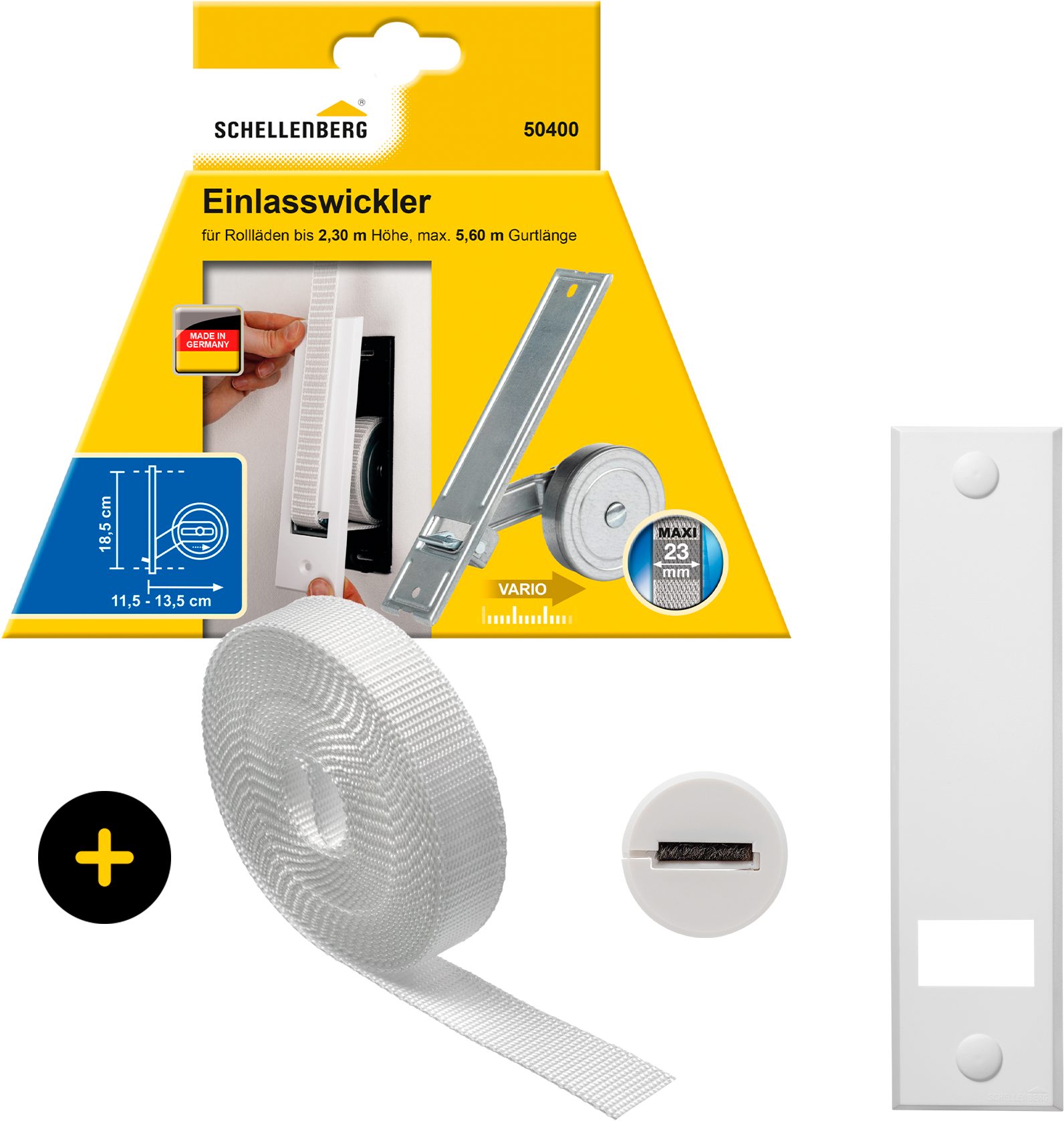 Einlass-Gurtwickler inkl. Abdeckplatte, Gurtführung, Rollladengurt grau oder weiß