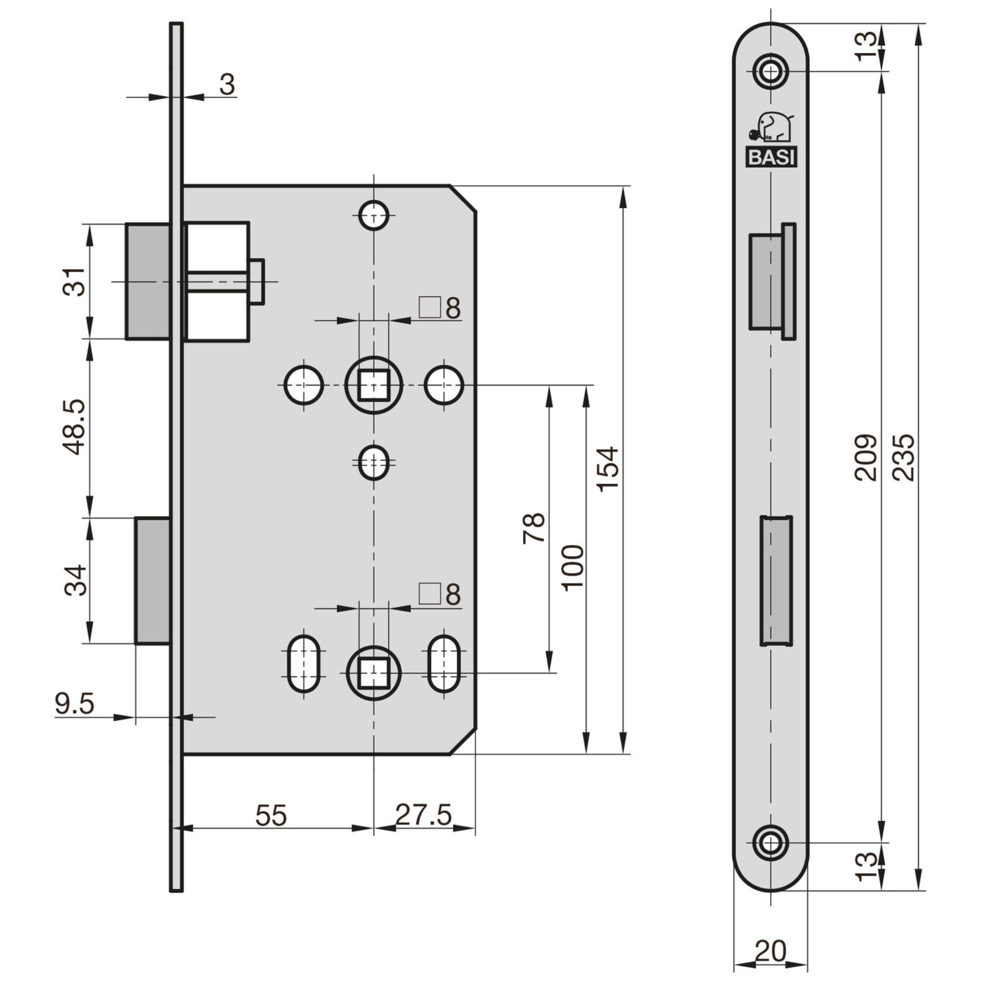 BASI Einsteckschloss Zimmertürschloss mit WC-Lochung 78/8 mm, Dorn 55mm, Dornmaß 55 mm, Spar-Set, 4er SET, BAD-WC, DIN Rechts, Rundstulp Edelstahl