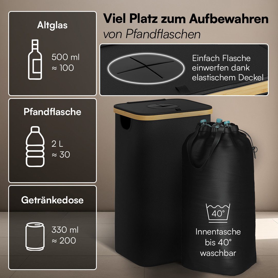 Bellamio Flaschensammler Tolt aus Stoff & Bambus, Pfandbehälter mit Einwurf (1 Fach, 100 L), Pfandflaschen Sammelbehälter mit Innenbeutel, Schwarz – Bild 5 von 5