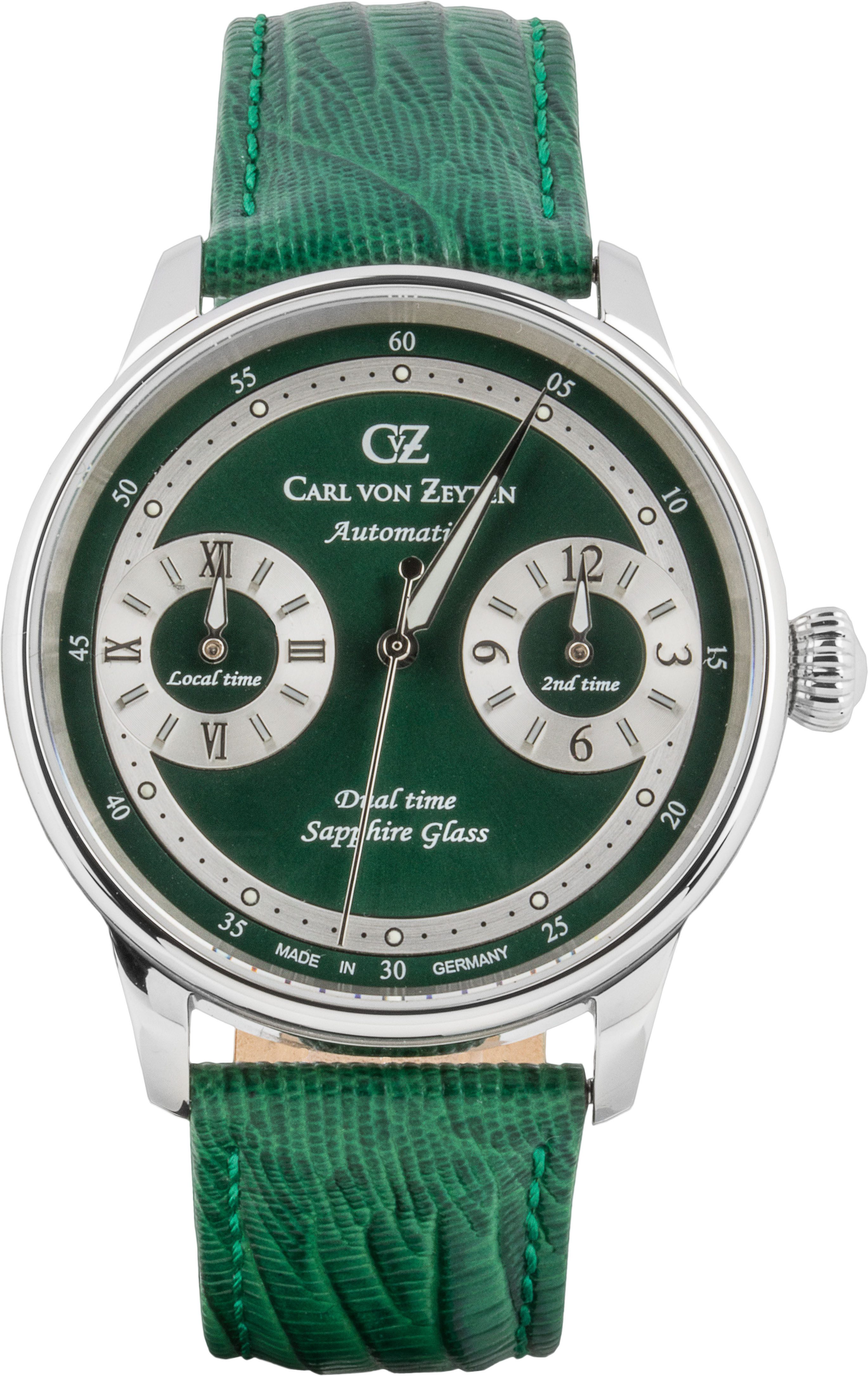 Carl von Zeyten Automatikuhr Schönmünzach CVZ0086GRS, Armbanduhr, mechanische Uhr, Herrenuhr, Made in Germany, Dualzeit