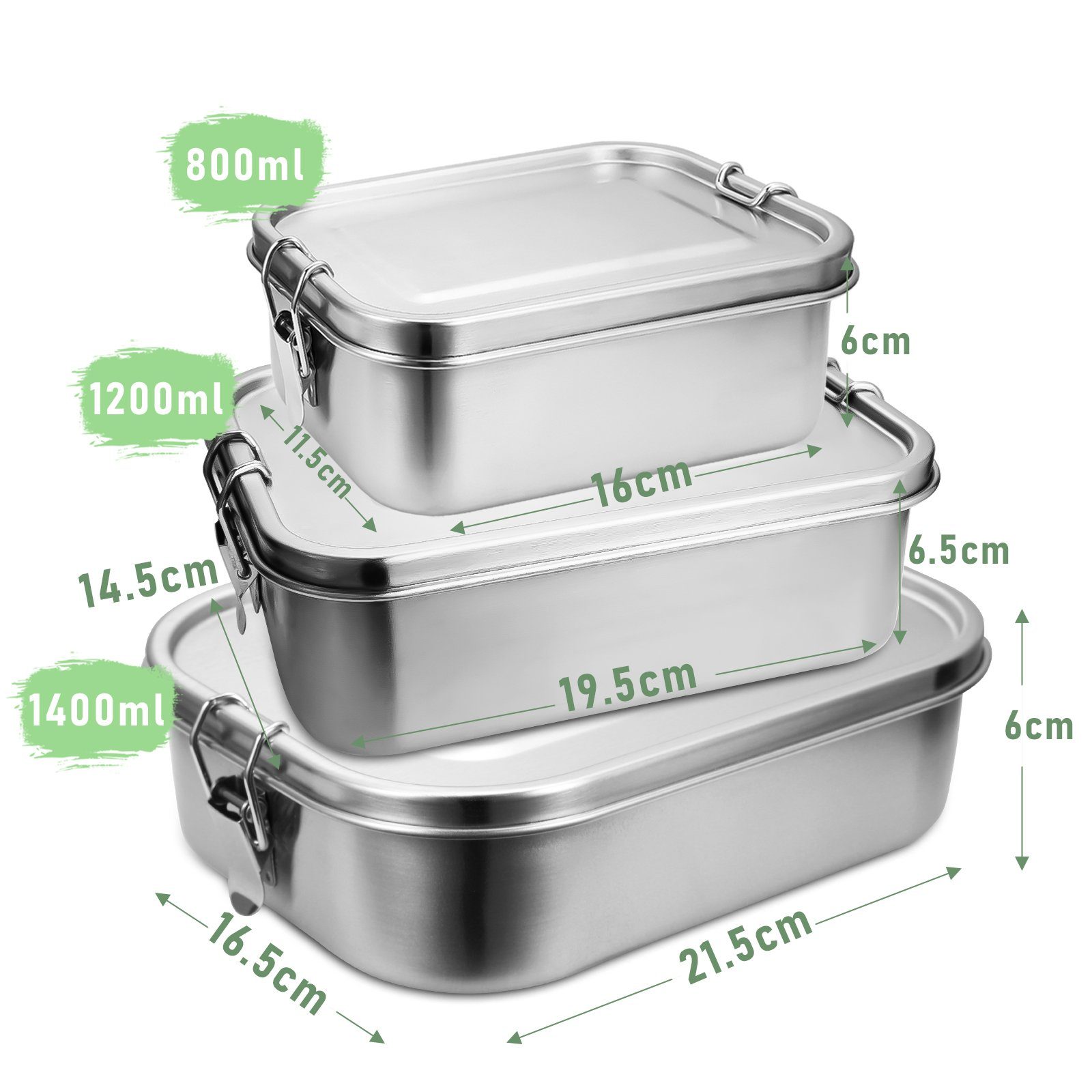 Clanmacy Lunchbox 800-1400ml Brotdose Dicht Edelstahl frei Silber Büro dose BPA edelstahl 800+1200+1400ml Lunchbox Thermo