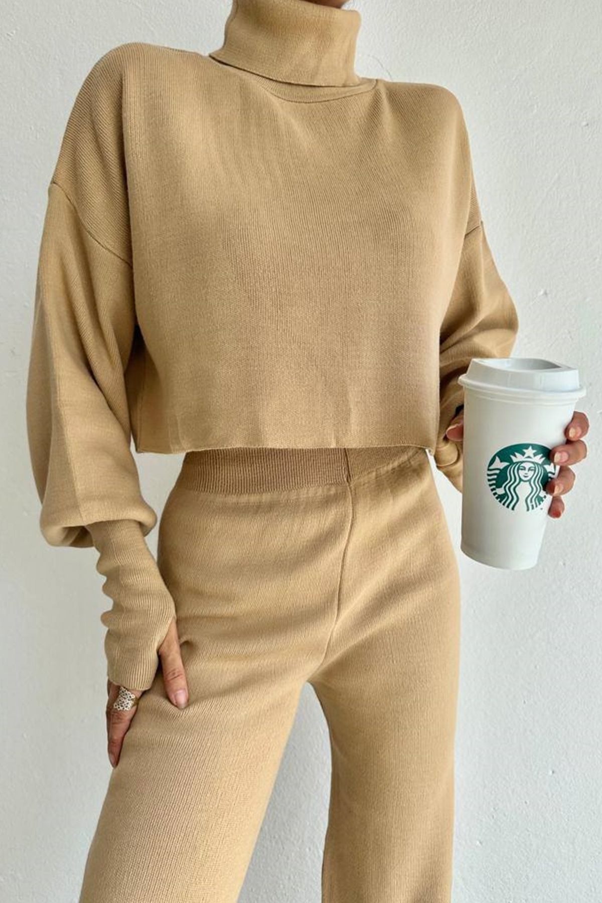 WOMAN VISION Blusentop Rollkragenpullover und hochgeschnittene Strickhose (Oberteil und Hose)