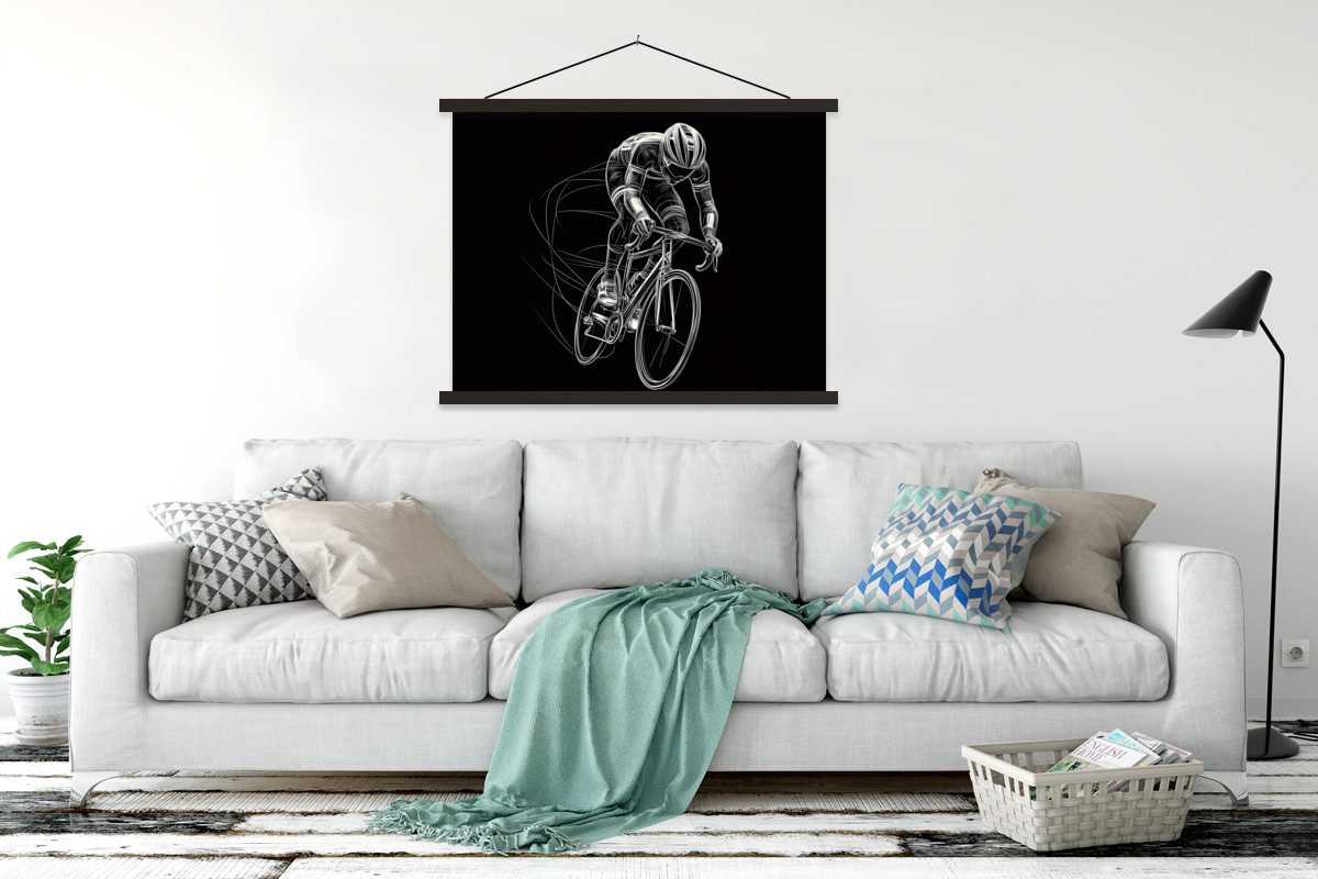 MuchoWow Poster Strichzeichnung - Weiß - Radfahren - Geschwindigkeit, (1 St), Bilderhalter, Bilderrahmen, Magnet Rahmen, Holz, 150x113 cm