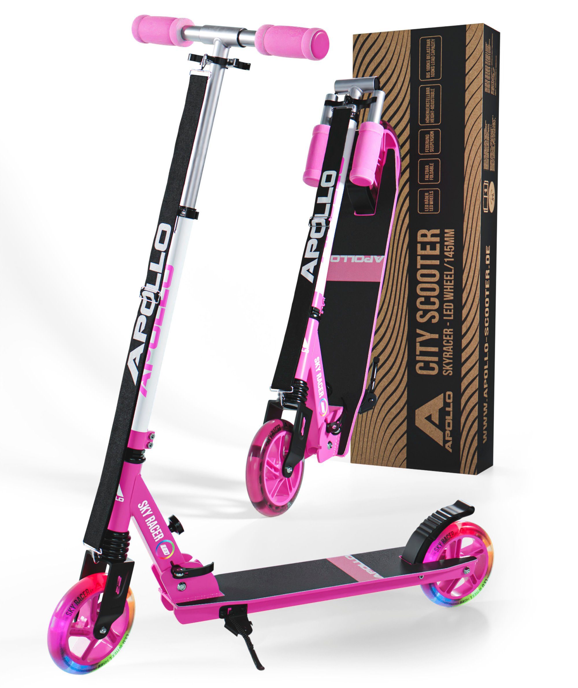 Apollo Cityroller Skyracer LED City Scooter Kinder, Tretroller mit Federung, klappbarer Kinderroller, höhenverstellbar