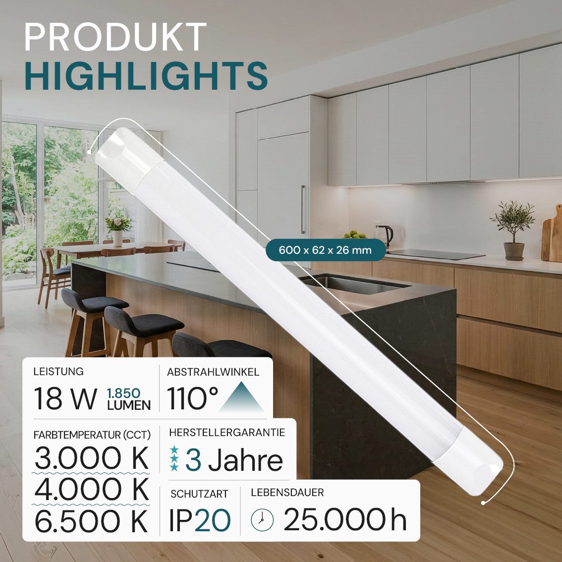 LUXULA LED Unterbauleuchte, LED fest integriert, 3000- 6500K Warm- Tageslichtweiß, 18W 1850lm Flimmerfrei