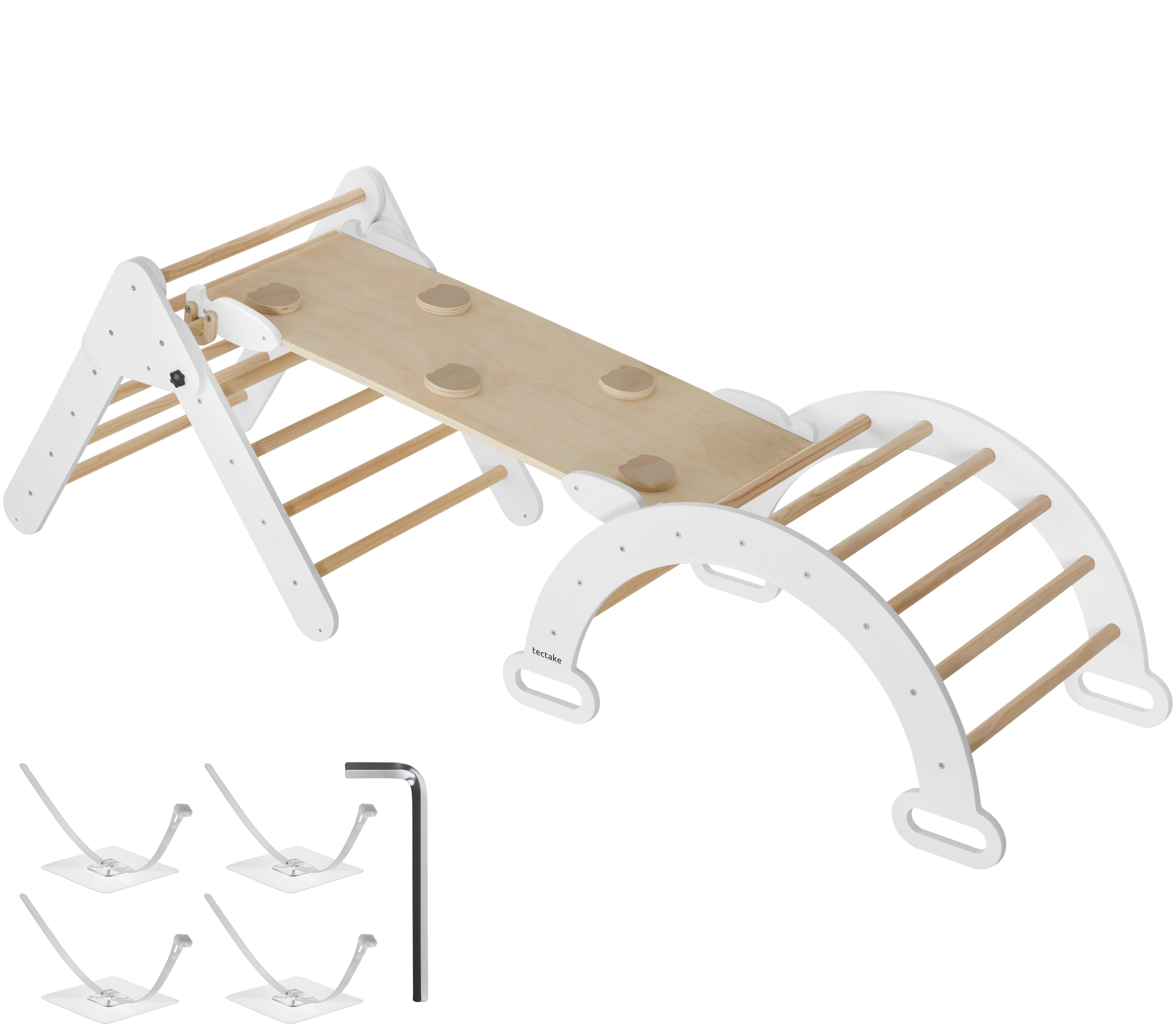 tectake Klettergerüst Monti, 8in1, aus Kletterdreieck, Kletterbogen und Rampe
