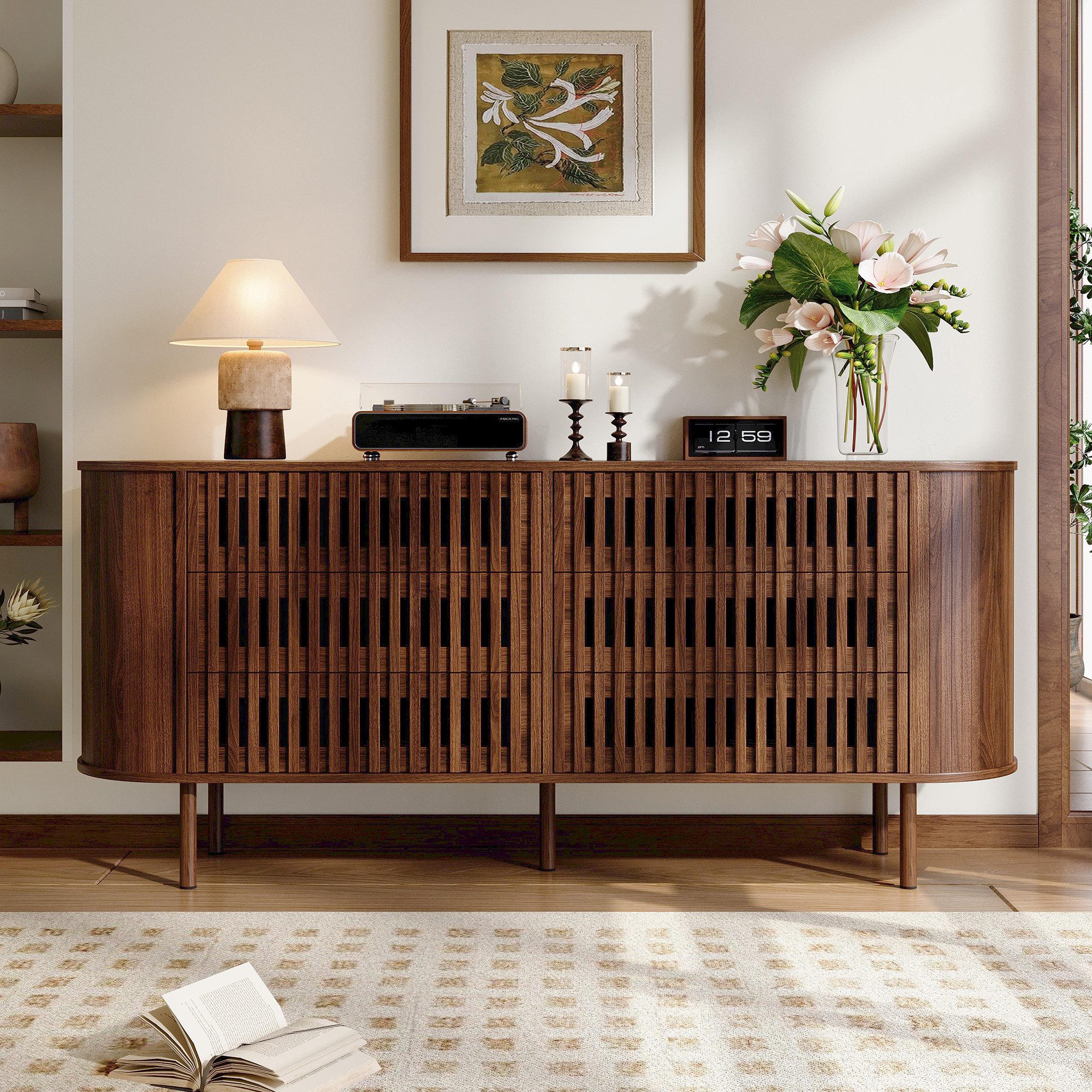 Merax Sideboard mit 6 Schubladen, Flurschrank mit Metallbeinen, 160x40x70cm (1 St), Kommode Beistellschrank Aufbewahrungsschrank mit Lamellen-Design