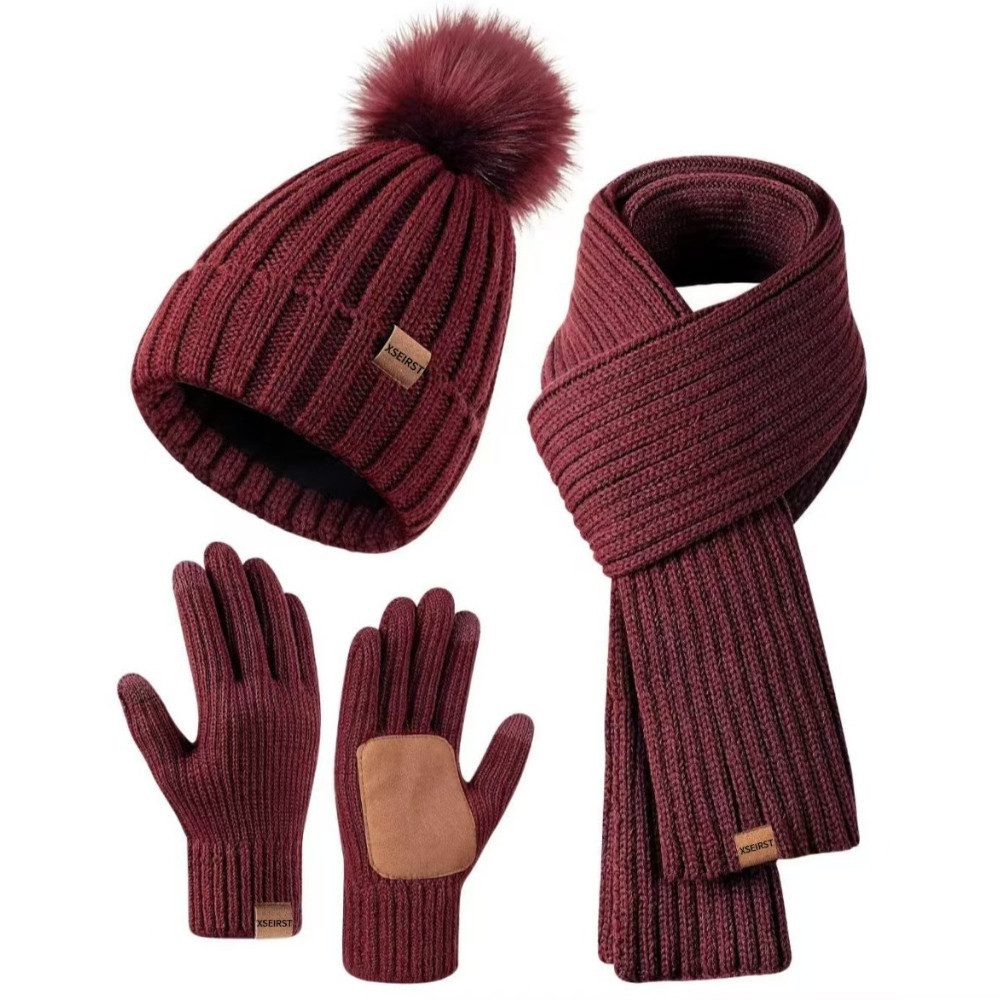 Blusmart Mütze & Schal Wintermütze, Schal und Handschuhe für Damen (Touchscreen-Handschuhe, 3-tlg., Bequem und warm) Für winterliche Outdoor-Aktivitäten wie Skifahren