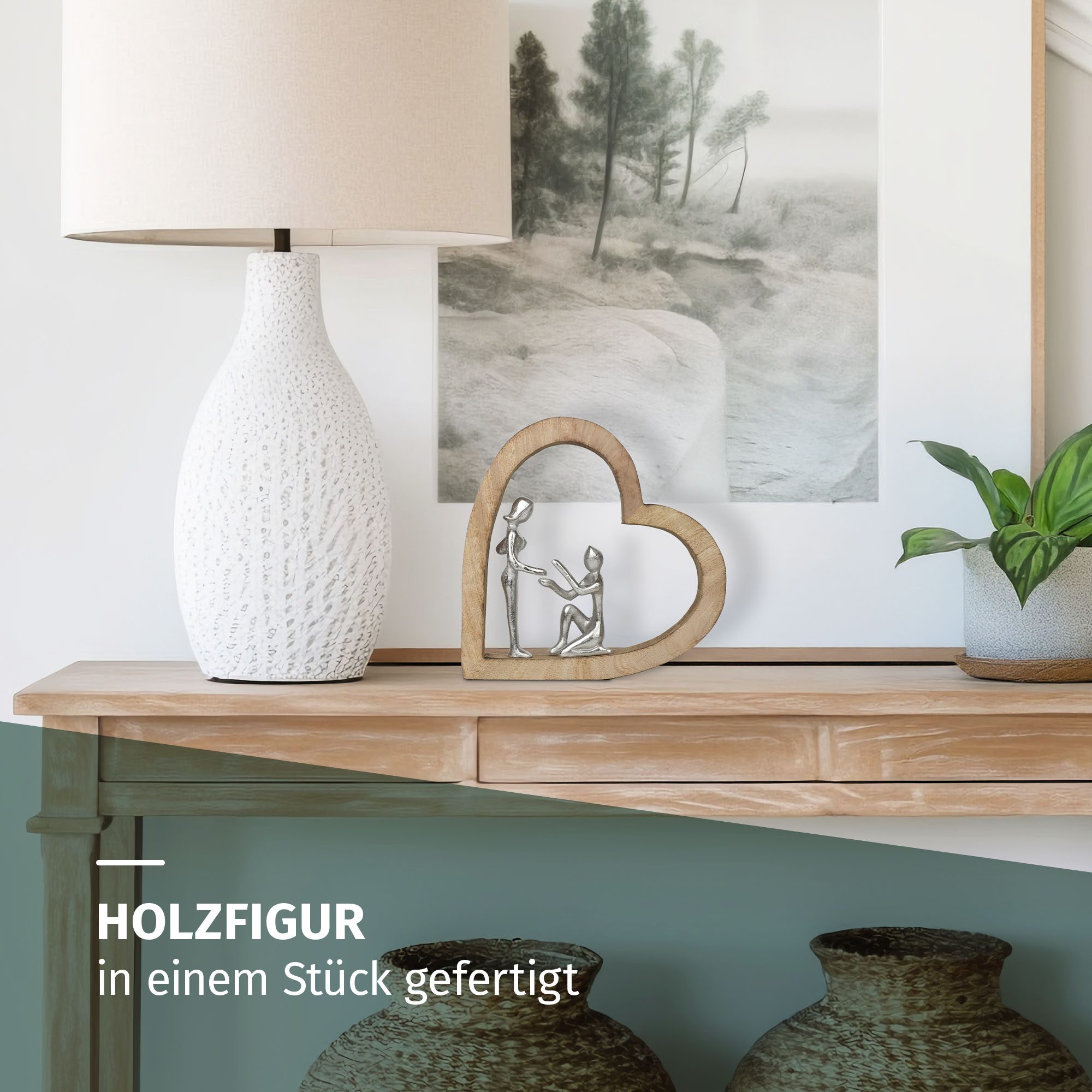 Moritz Skulptur Dekofigur The Promise 28 cm aus Mangoholz und Aluminium Herz Skulptur