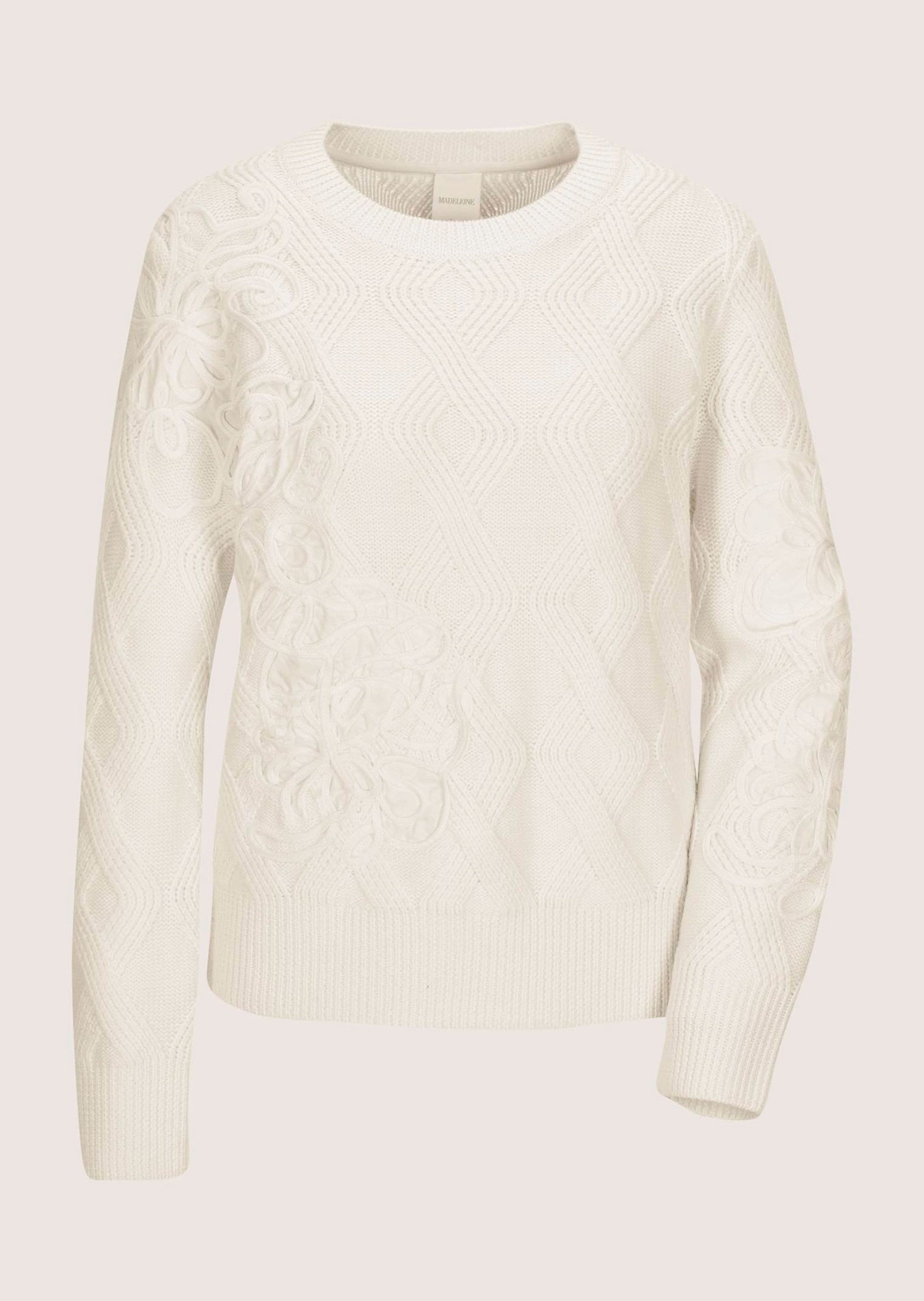 MADELEINE Strickpullover Rundhals-Wollpullover mit Kordelstickerei Schurwollpullover mit Rundhals, kunstvoll verstrickt, langärmelig