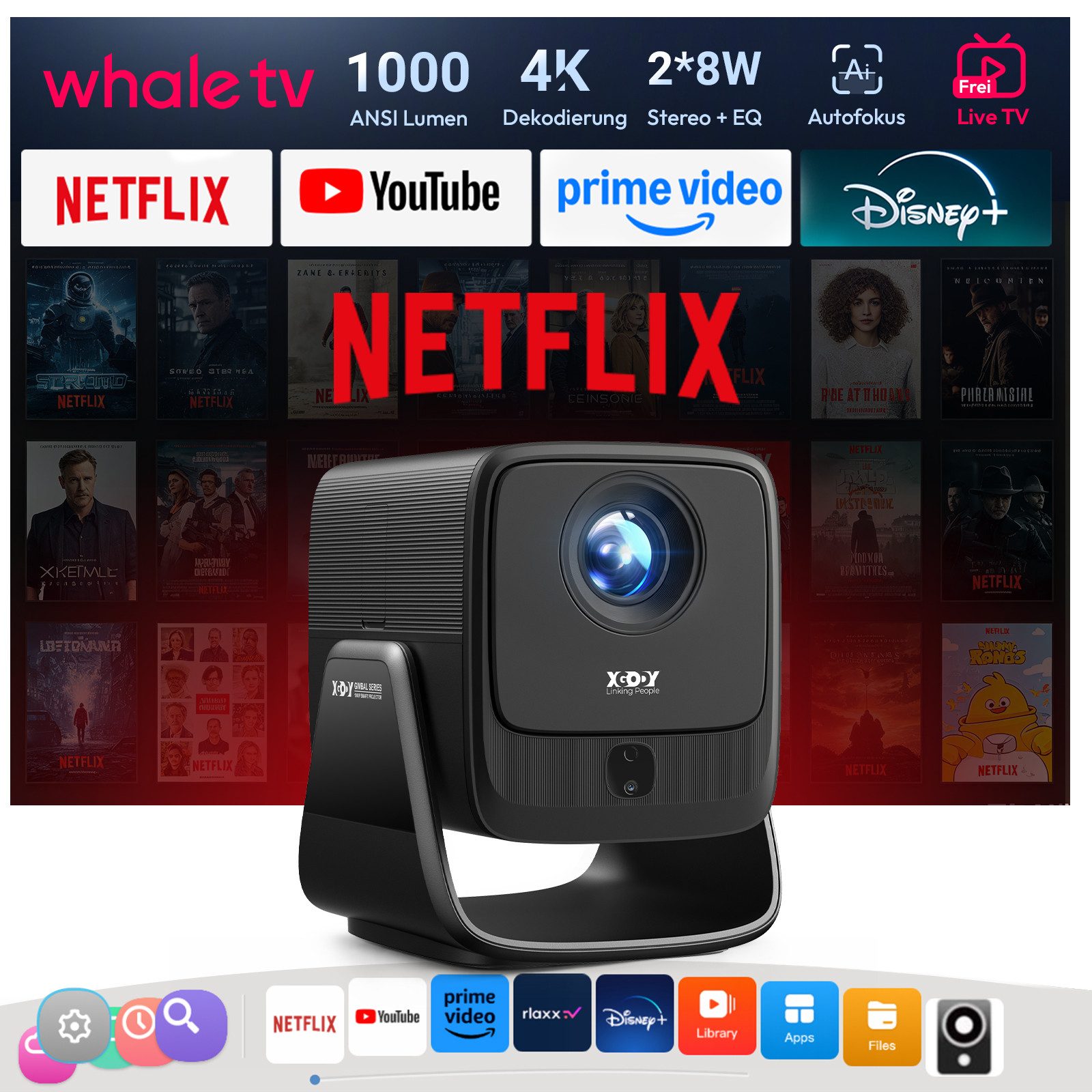 XGODY N7 Beamer 4K Mit Netflix Zertifizierung AutoFokus Heimkino 1080P LCD-Beamer (1000 lm, 2500:1, 3840 x 2160(1000 ANSI) px, WiFi Bluetooth Video Projektor für Handy, Heimkino, Kurzdistanz, Decke)