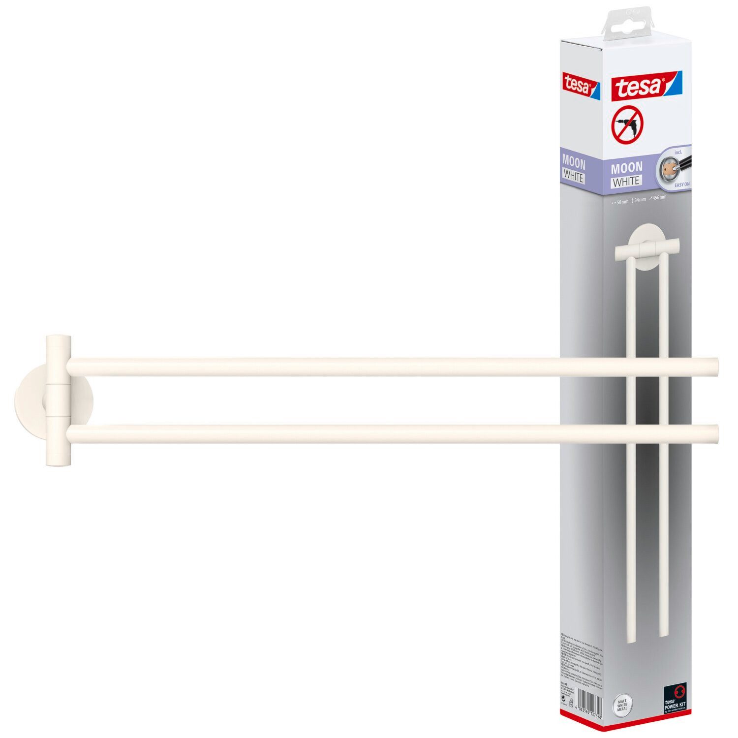 tesa Сушки для рушників MOON Сушки для рушників 2-armig ohne Bohren - 8,4 cm : 5 cm : 45,6 cm, selbstklebende Handtuchstange - weiß