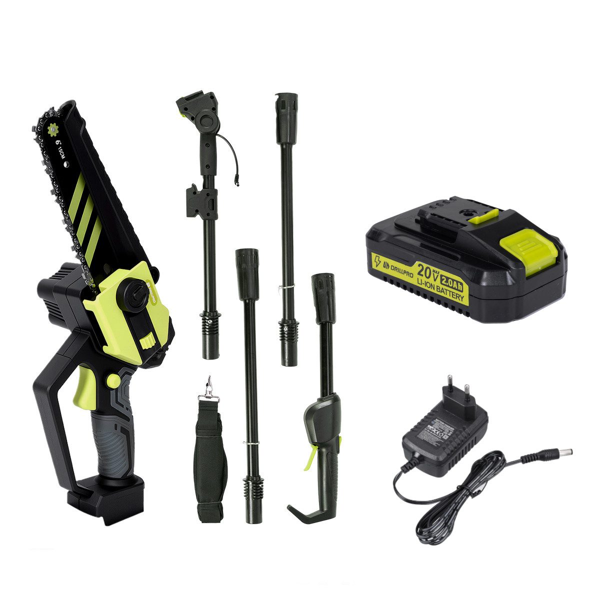 Insma Akku-Kettensäge, 15 cm Schwertlänge, mit 1 Akku, 2-in-1 Akku-Kettensäge mit Teleskopstange und 400W Brushless-Motor