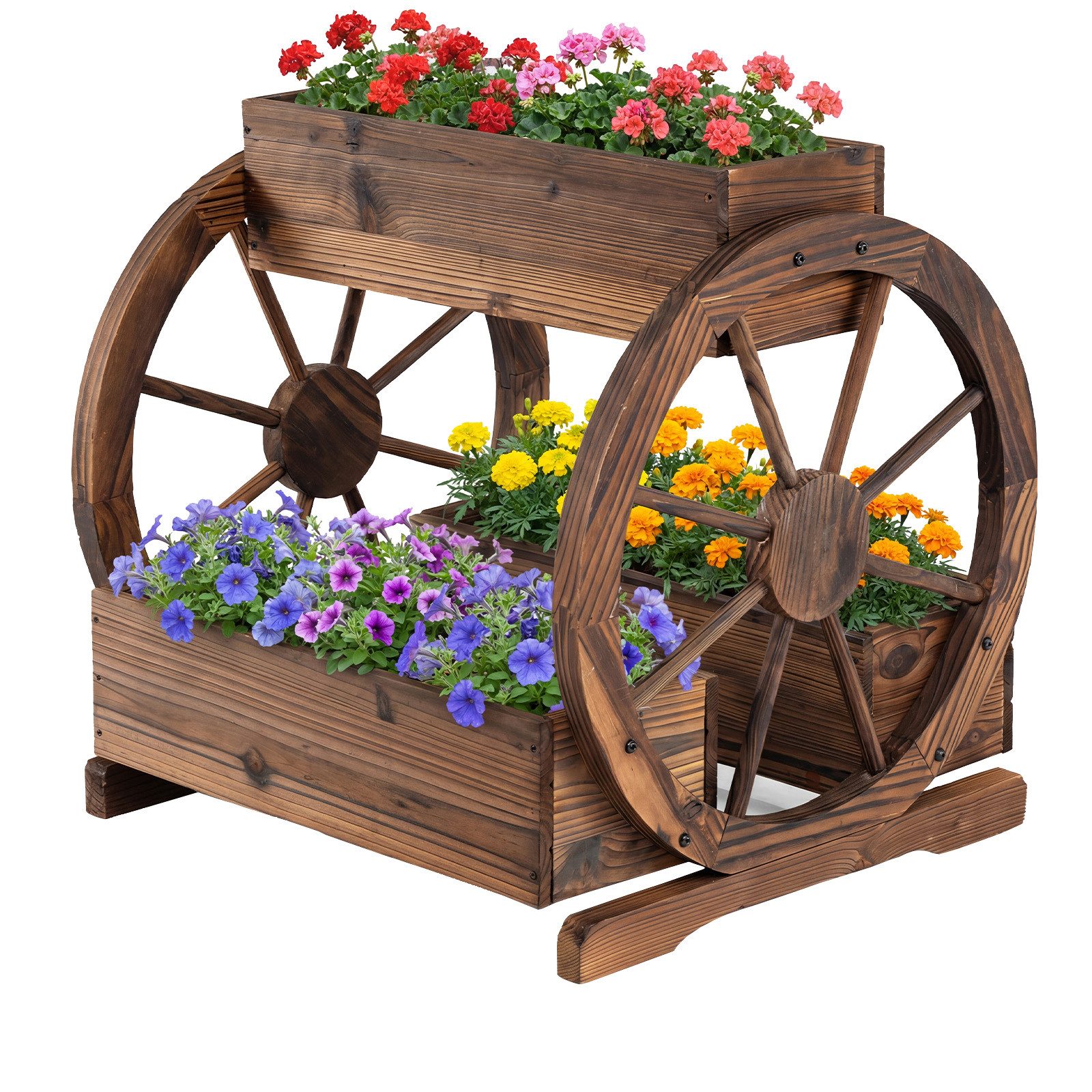 COSTWAY Blumenkasten, Pflanzkübel mit Wagenrad, 3 Pflanzkästen & Ablauflöchern