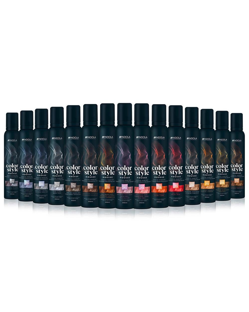 Indola Haarfestiger INDOLA Color Style Mouse Farb-Schaumfestiger Hellbraun Haselnuss 200, Packung, das Mousse bietet Glanz, Pflege und flexible Farbveränderung