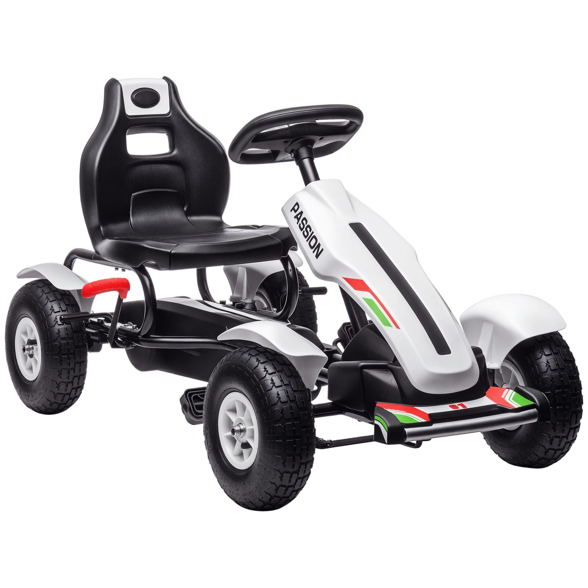 HOMCOM Go-Kart Tretauto mit Handbremse, verstellbarem Sitz, Vor- und Rückwärtsgang, für Kinder 5-12 Jahren Weiß