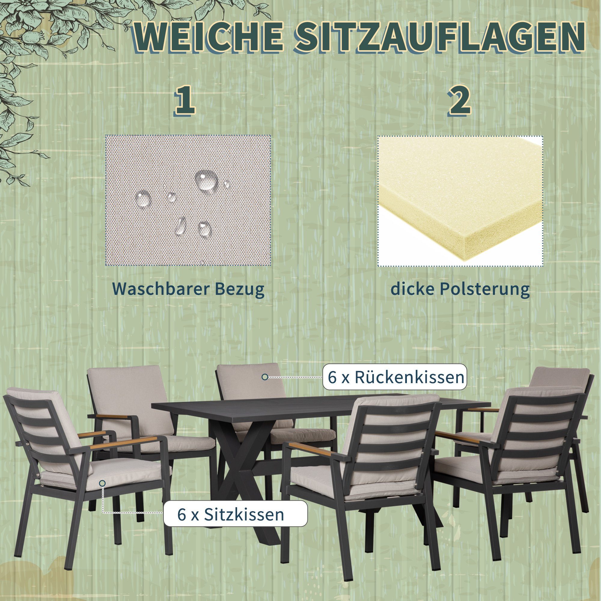 1 6 Outsunny 175x92,5x73cm Sitzgruppe Polster, wasserabweisende Stühle, Tisch, 7-teilig,