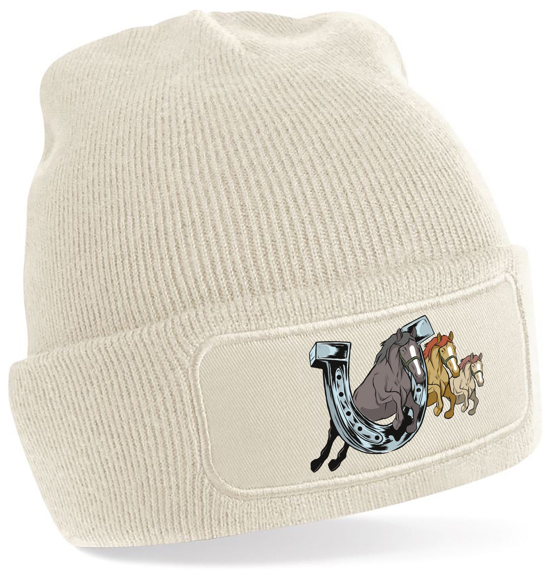 Strickmütze für kalte Tage - Beanie mit springenden Pferden Print