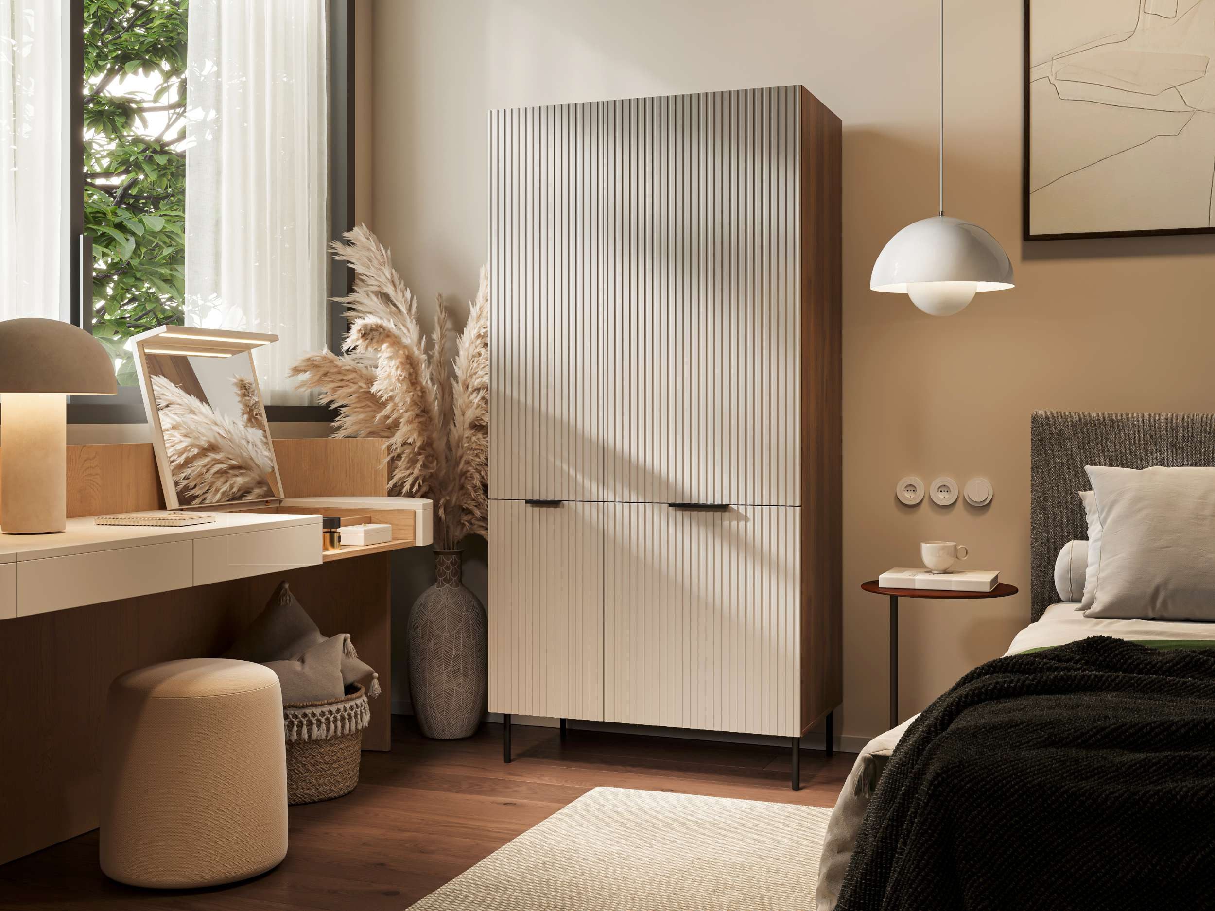 99rooms Drehtürenschrank Amela (Kleiderschrank, Schrank) mit 2 Türen, 1 Kleiderstange, 6 Einlegeböden, Metall Füße und Griffe