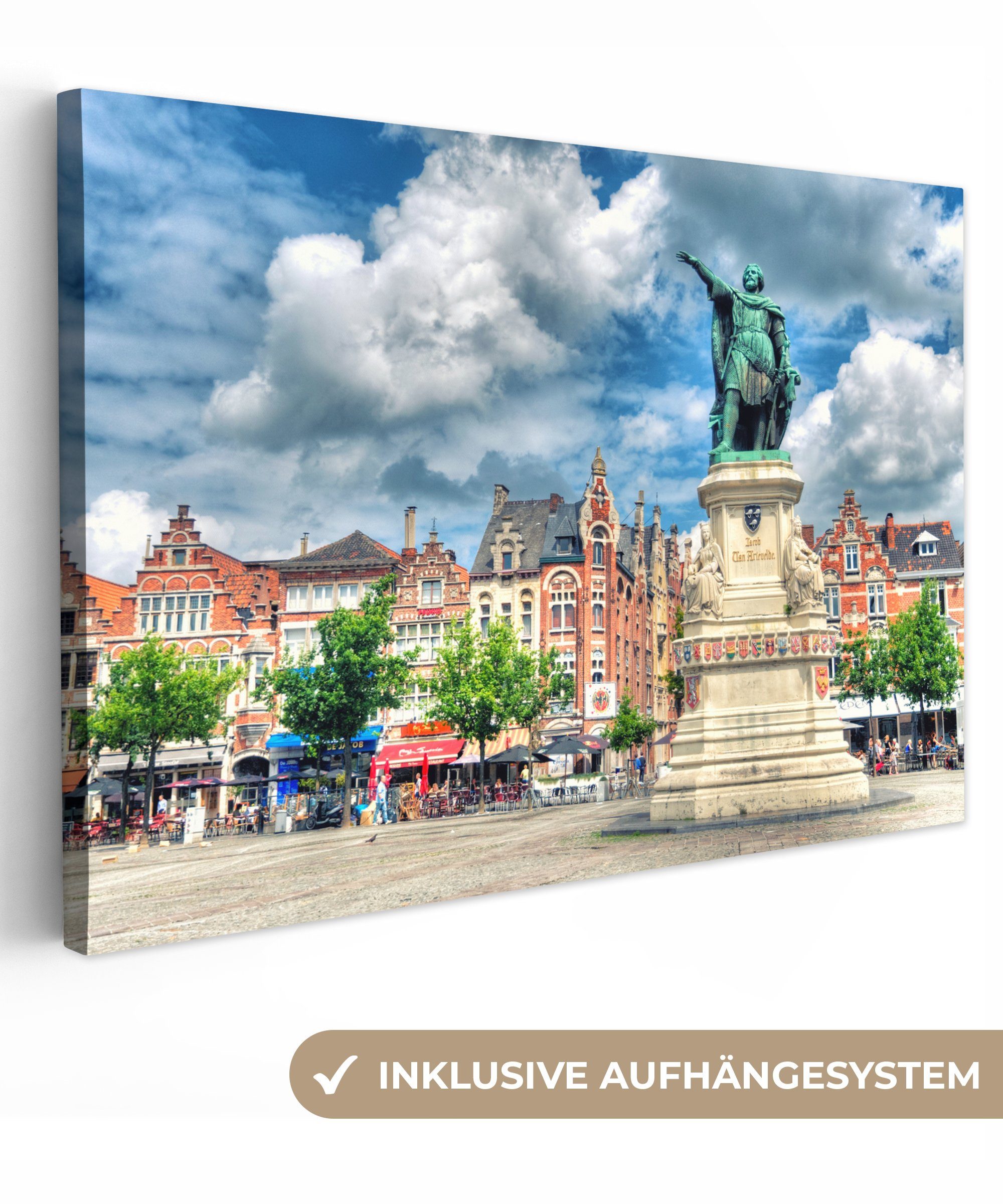 OneMillionCanvasses® Leinwandbild Statue - Platz - Gent, (1 St), Wandbild Leinwandbilder, Aufhängefertig, Wanddeko, 30x20 cm