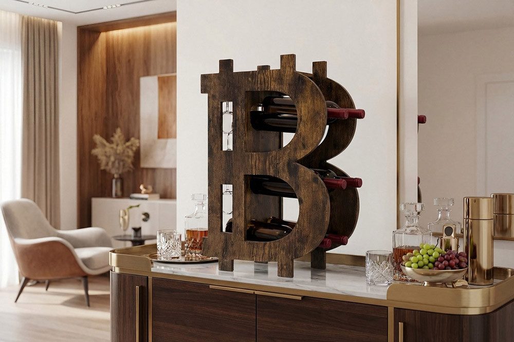 riess-ambiente Weinregal BITCOIN 70cm natur - Holzcontainer, 10 Flaschen, 4 Gläser, modern, Einzelartikel 1-tlg., Außergewöhnlicher Spirituosenständer - ideal für Wohnzimmer oder Flur