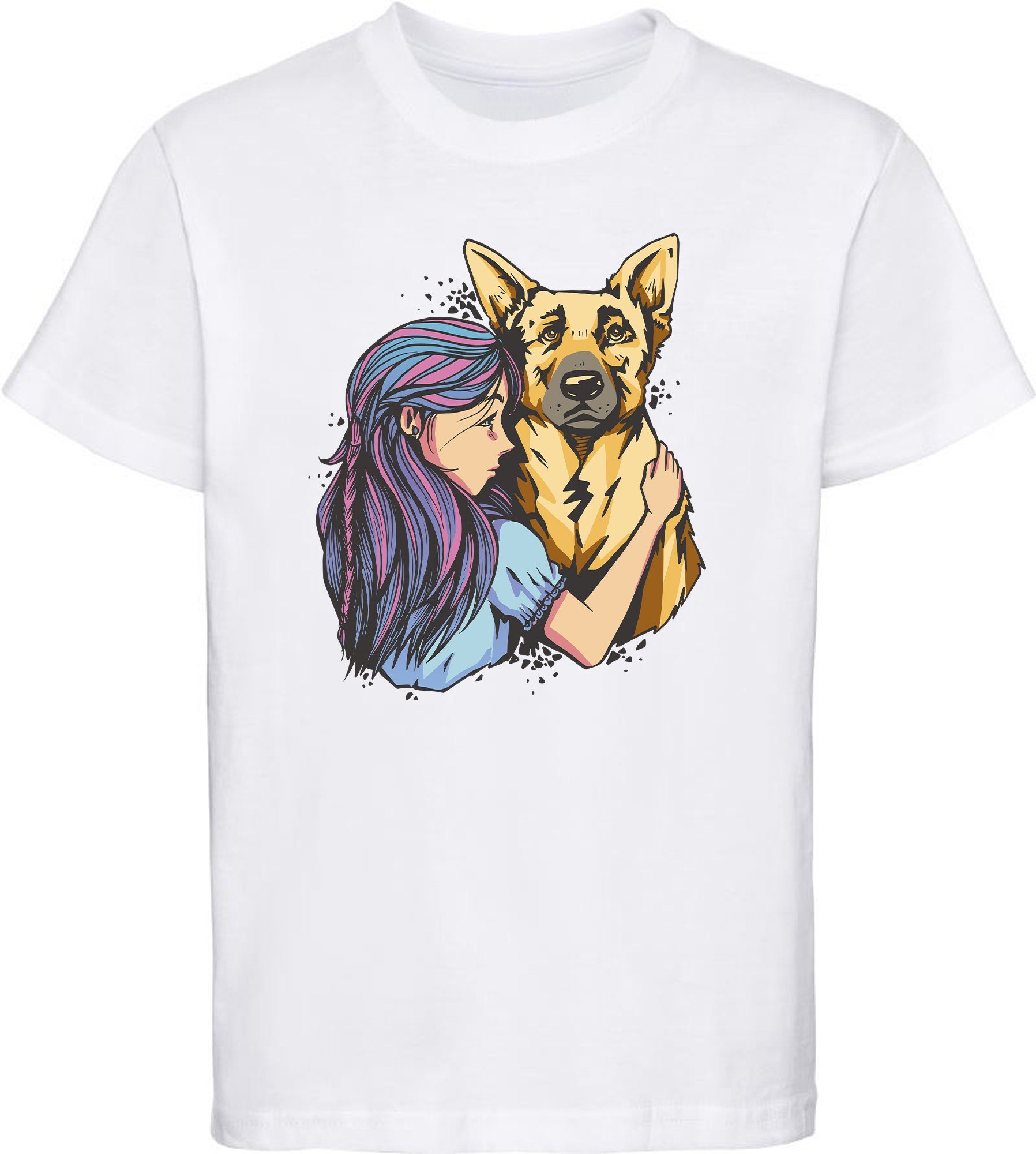 MyDesign24 T-Shirt Kinder Hunde Print Shirt bedruckt - Schäferhund mit Mädchen Baumwollshirt mit Aufdruck, i258 weiss