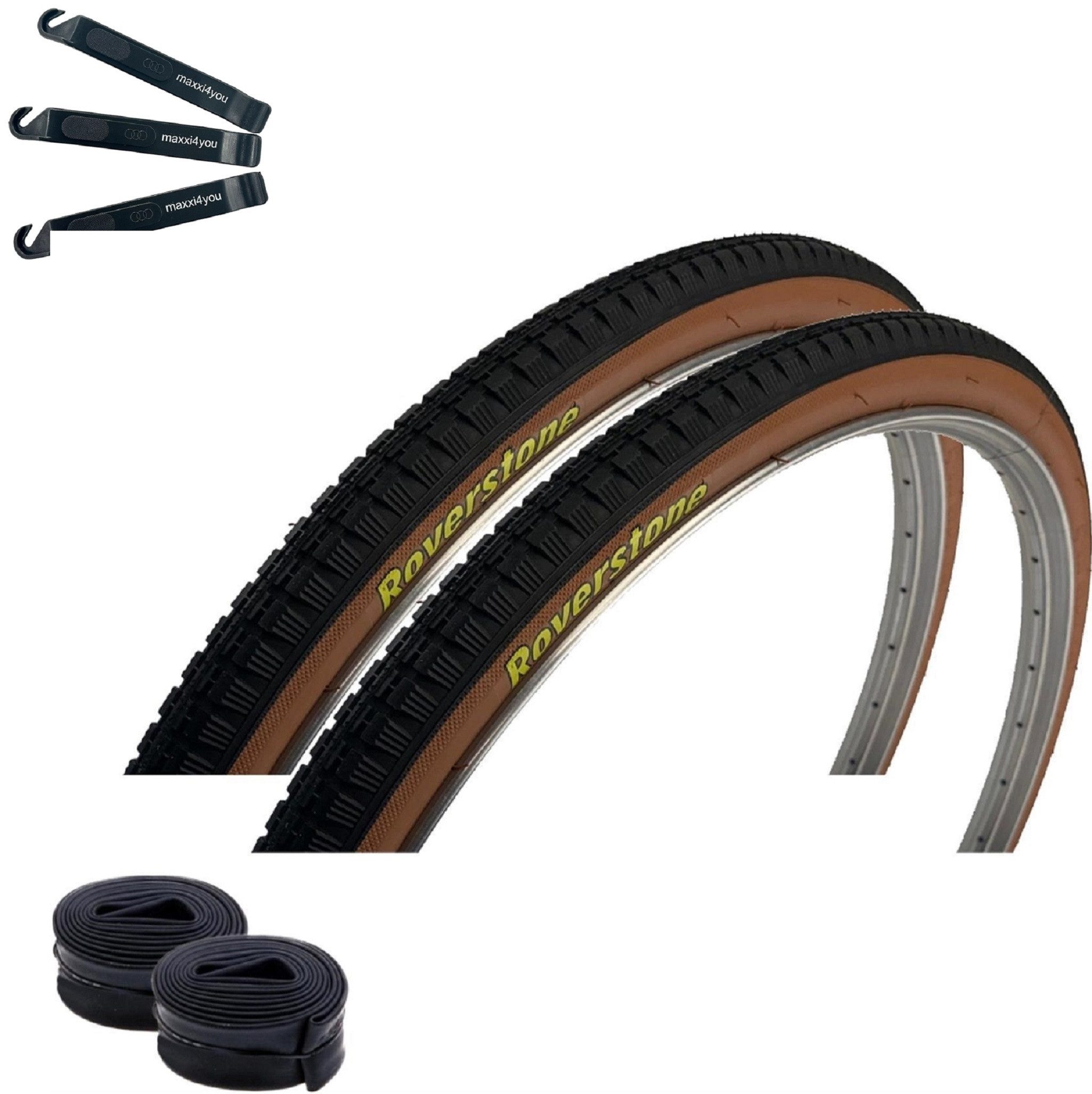 maxxi4you Fahrradreifen 2 x Roverstone 28 x 1 1/2 (40-635) Schwarz/Braun + 2 AV inkl. RH