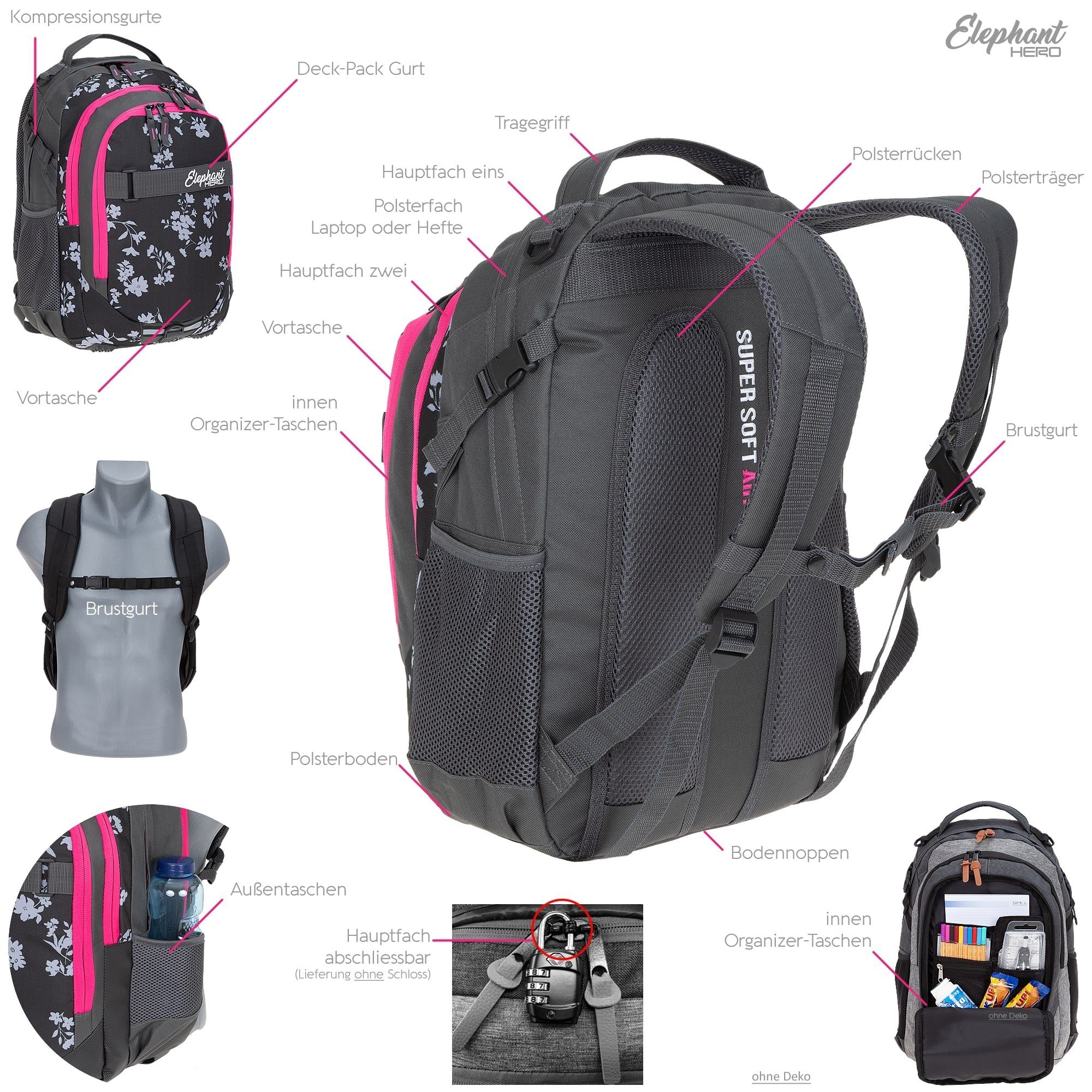 ELEPHANT Schulrucksack Hero Signature Schultasche (Set, 3-tlg., 3 Teile Rucksack Sporttasche Mäppchen Box), Softcase Schulranzen Schulmappe +rsm – Bild 4 von 5