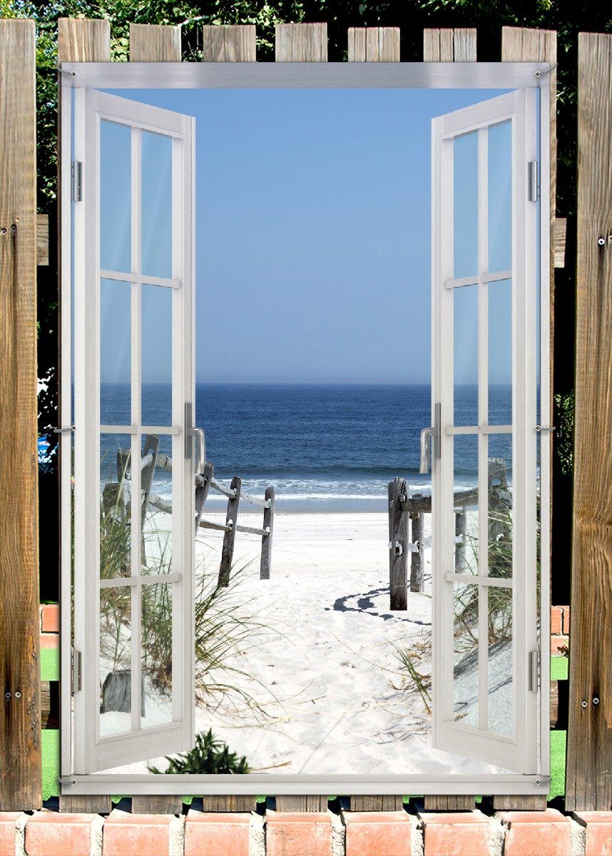 Wallario Sichtschutzzaunmatten Blick auf Strand, mit Fenster-Illusion