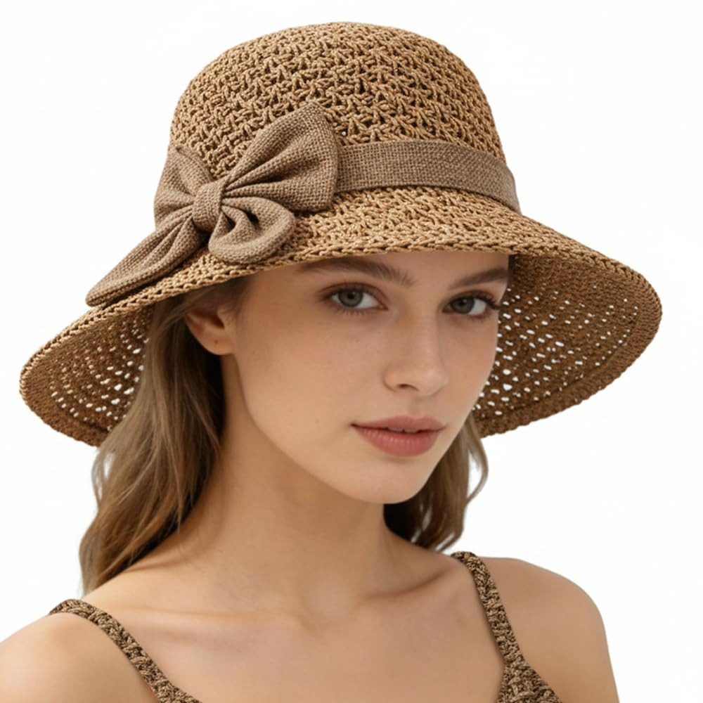 Zaewry Strohhut Sonnenhut Sommerhut Strandhut Straw hat, Damen faltbar, Einheitgröße Mit Bogen,Damen-Strandhut, Reisehut für den Sommerurlaub