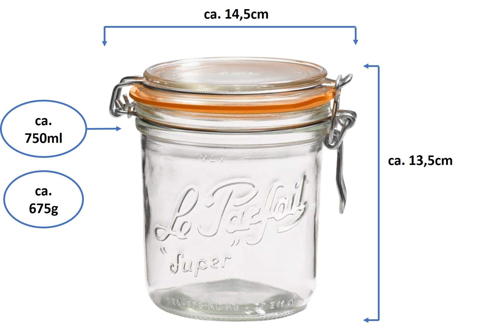 Super Bügelverschlussglas 6 Stück (6 Einmachglas Emilja 750ml Stück) Le - gerade, Parfait -