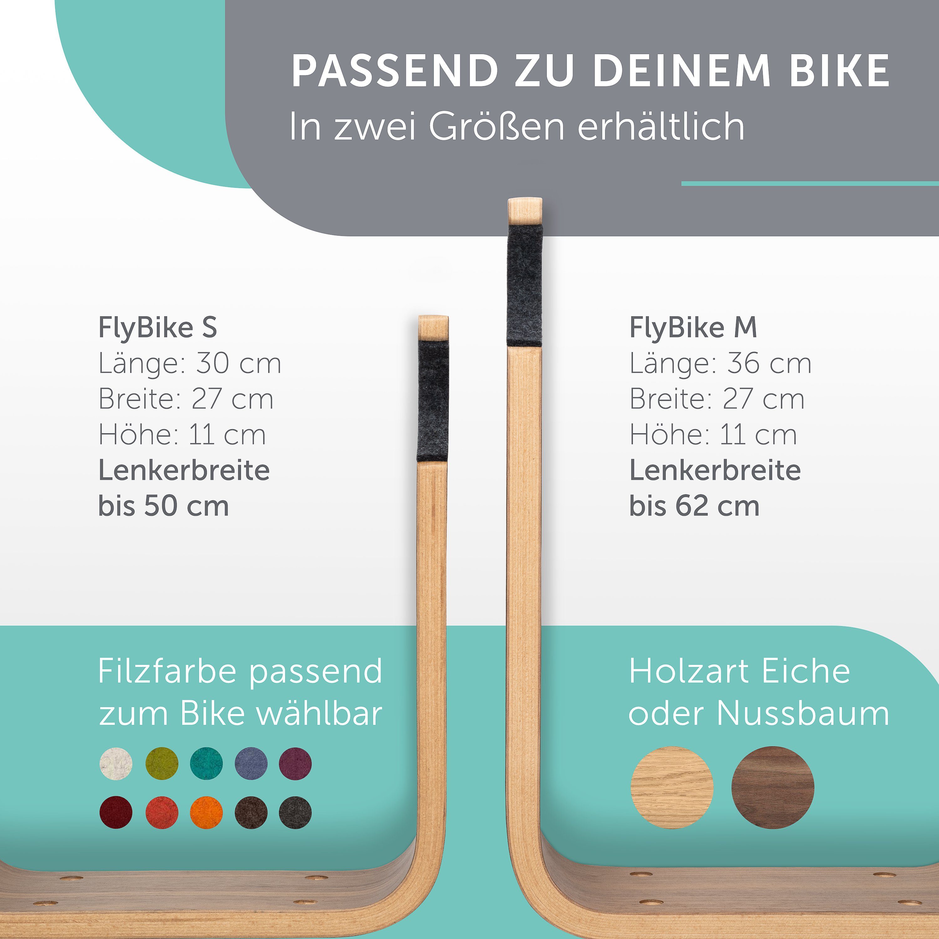 madeco Fahrradwandhalterung FlyBike Fahrrad Wandhalterung Holz - Design Fahrradhalter für Wohnung (mit Fischer Dübeln und Wollfilz Rahmenschutz), für Rennrad, Gravelbike, Mountainbike, Fixie