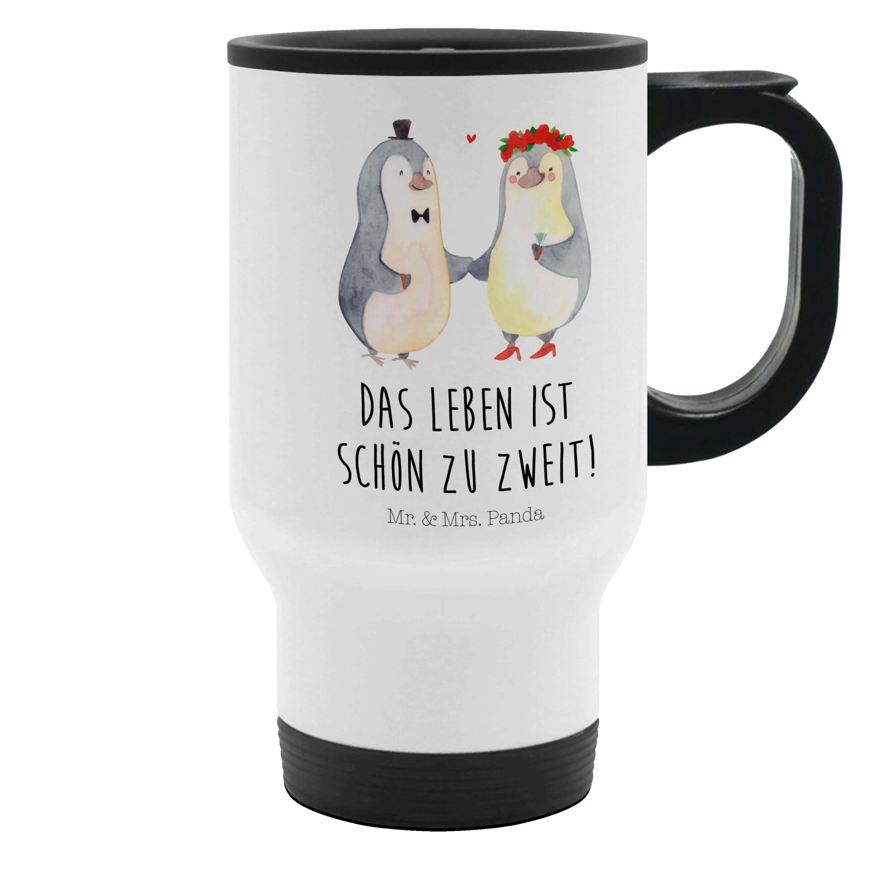 Mr. & Mrs. Panda Thermobecher Pinguin Heirat - Weiß - Geschenk, To Go Becher, Heiratsantrag, Verlob, Edelstahl