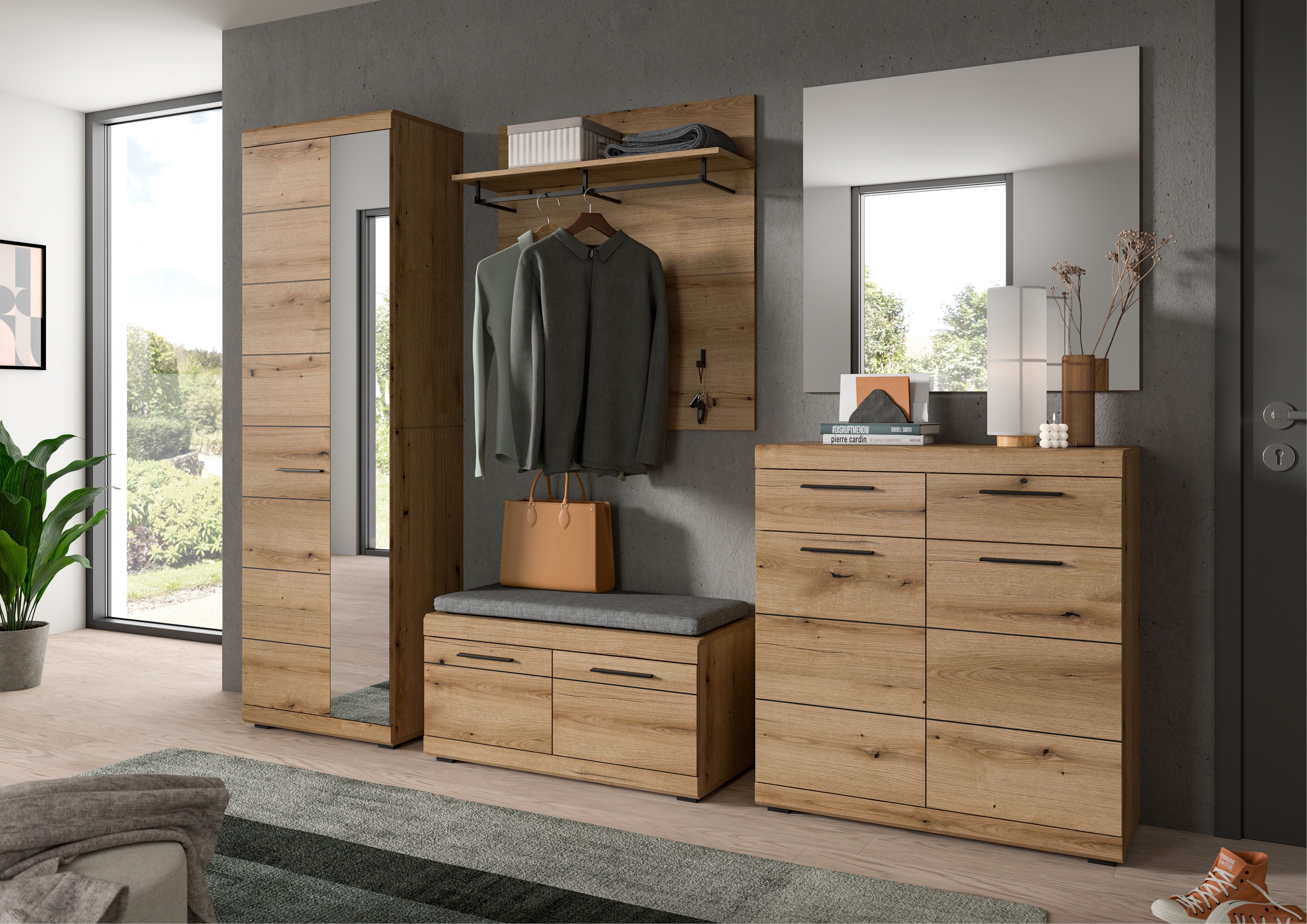 Home affaire Sitzbank SIENA, Breite 90 cm, 2 Türen, 2 E-Böden, 4 Fächer, inkl. Sitzkissen (2-St., hochwertige Rillenfräsung in MDF Front), Garderobenbank, Dielenbank, Bank, Flurbank, Kommode