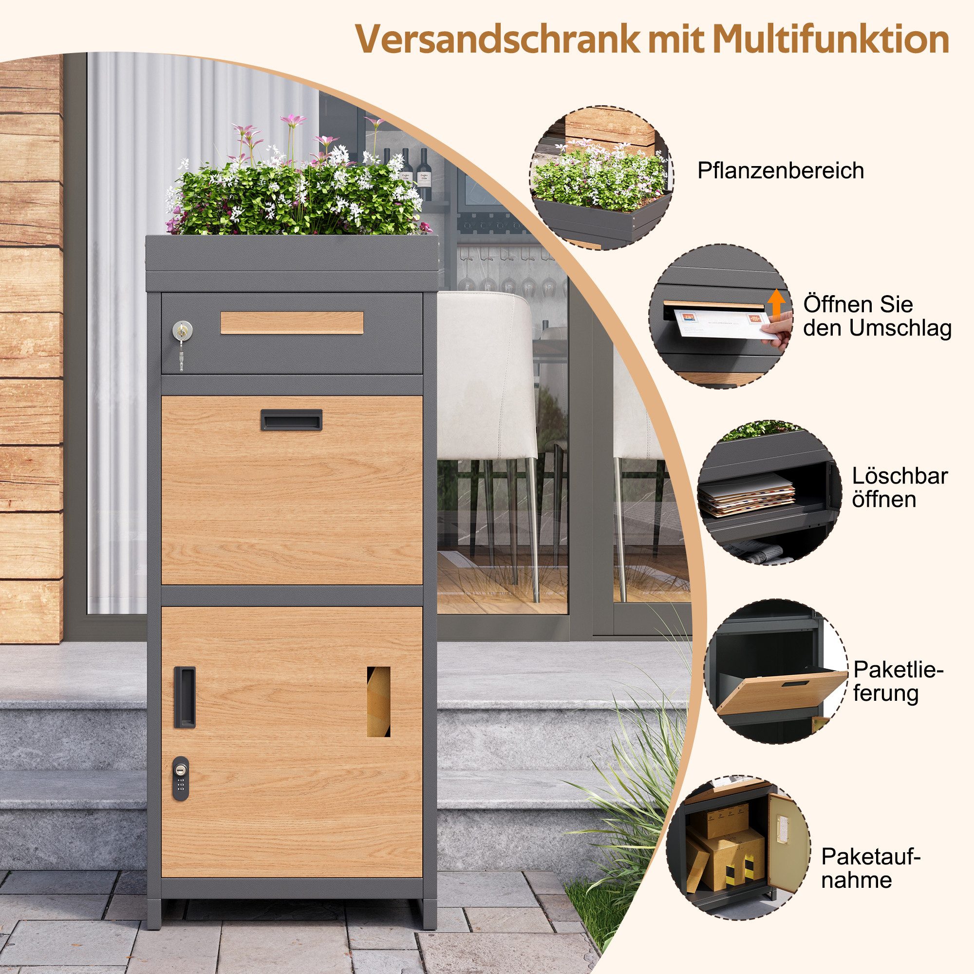 Merax Paketbriefkasten mit Zahlenschloss, wetterfestes Design aus verzinktem Stahlblech (118.5x50x37cm, 1-St), mit integriertem Blumenkasten und Aufbewahrung, a – Bild 5 von 5