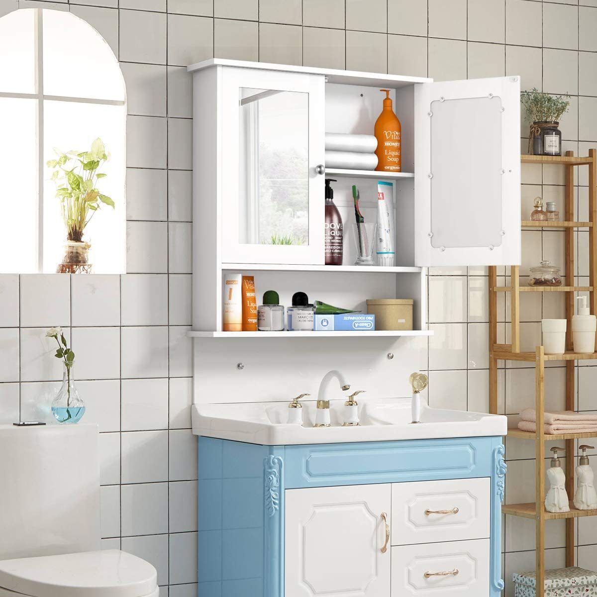 COSTWAY Spiegelschrank Badzimmerschrank mit höhenverstellbarer Ablage – Bild 3 von 5