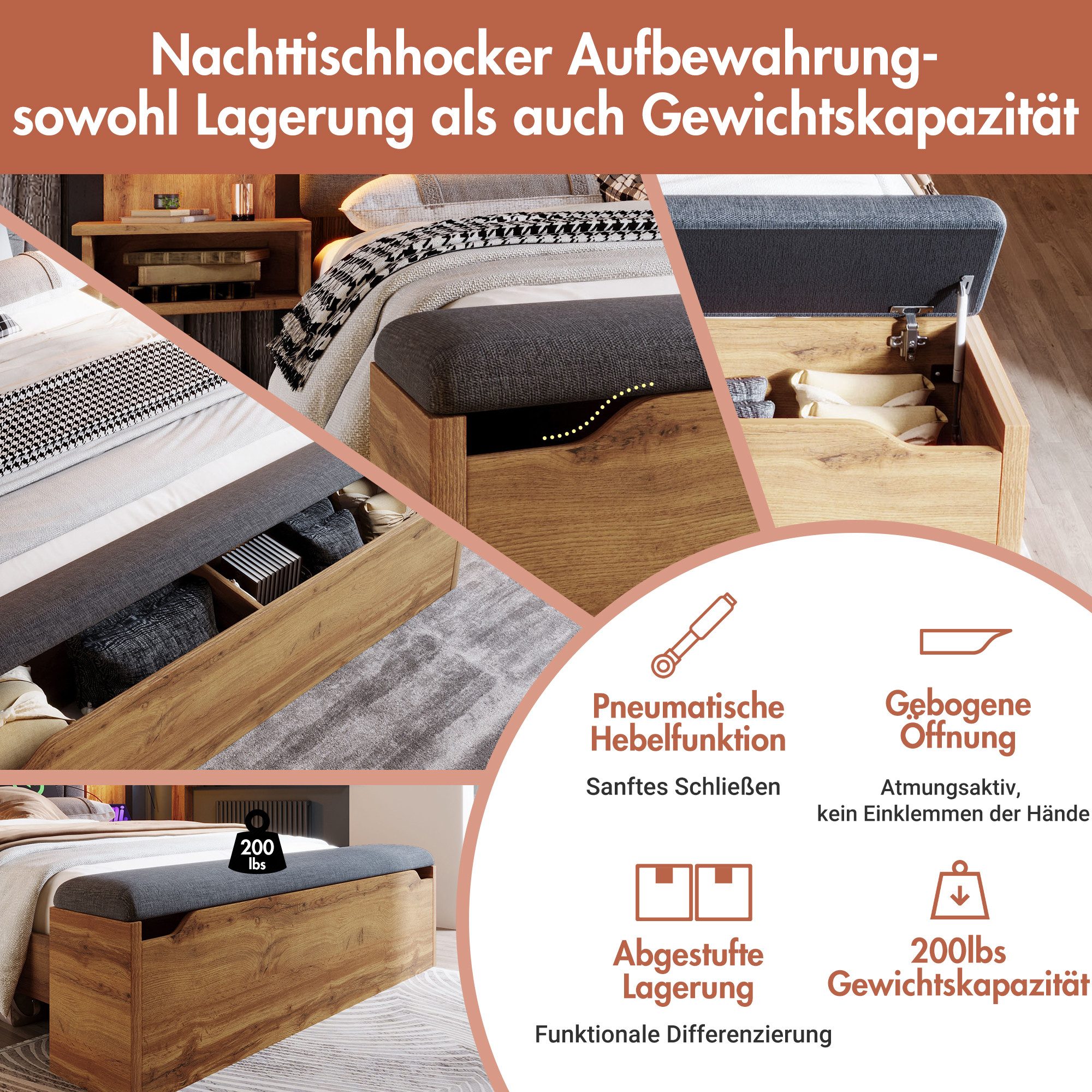 Flieks Holzbett, Doppelbett 160×200cm mit Leselampe, Nachttisch mit Aufladen, Sitzbank
