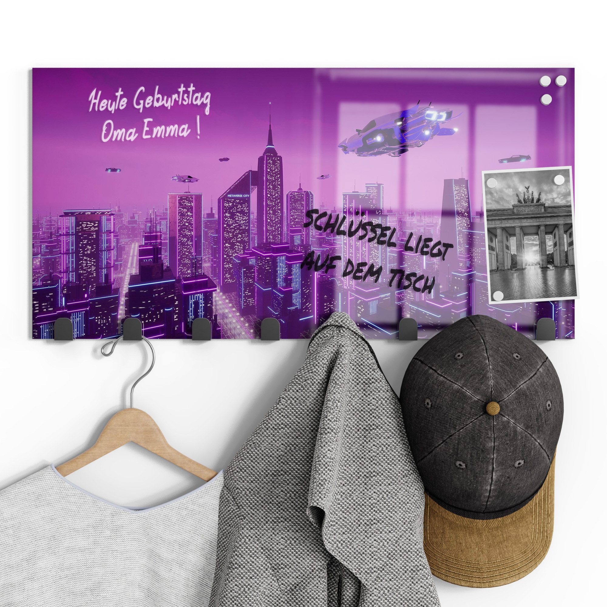 DEQORI Kleiderhaken 'Futuristische Metropole', Glas Garderobe Paneel magnetisch beschreibbar