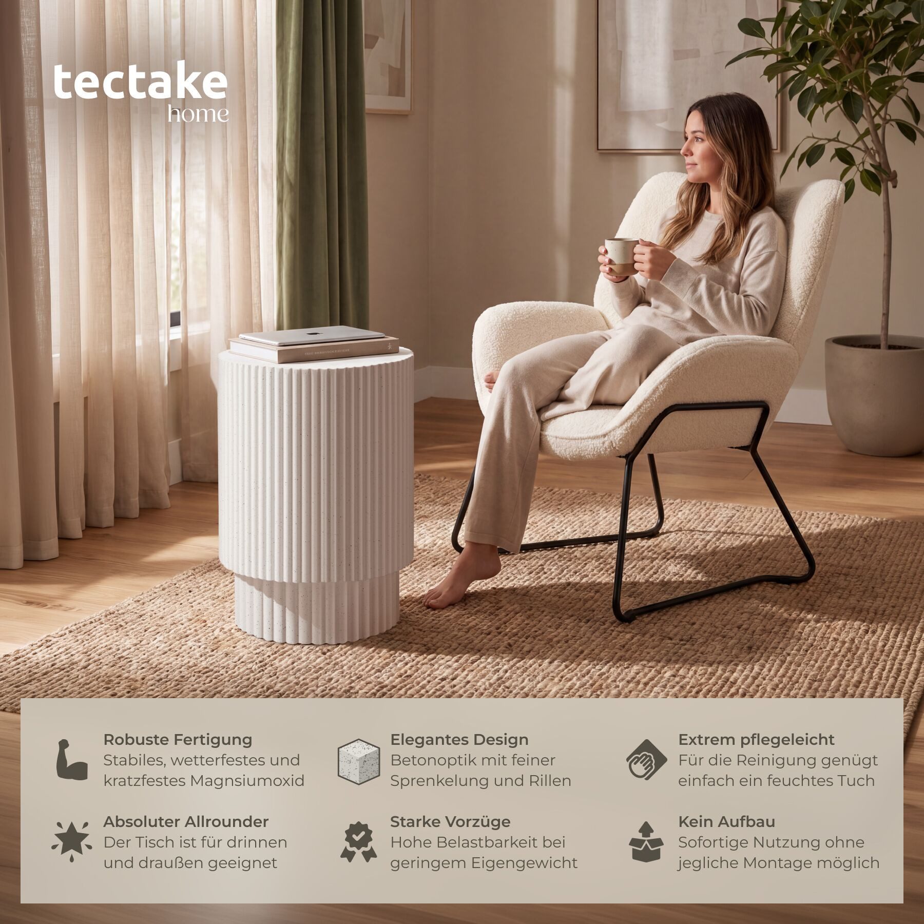 tectake Beistelltisch Ablagetisch Ø 38 x 51 cm wetterfest Betonoptik vertikale (Couchtisch Klein Amira, 1-St., BeistelltischAnleitung), feine Sprenkelung und Belastbarkeit bis 25 kg für innen und außen