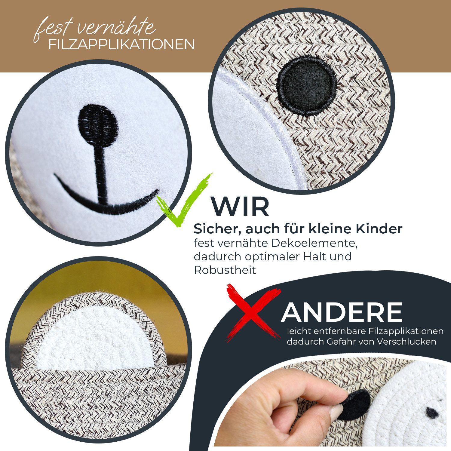 HMF Aufbewahrungskorb Aufbewahrungskorb mit versteckten Griffen, Korb für Kinderzimmer aus Baumwolle, Bär, Hellbraun – Bild 4 von 5