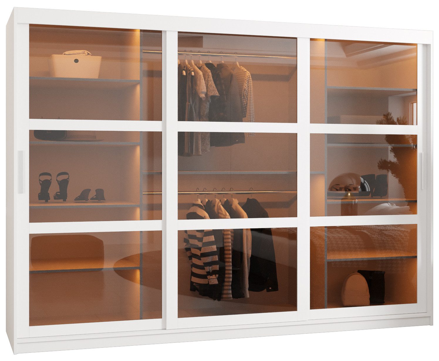 MOEBLO Schiebetürenschrank DEMO (Kleiderschrank Schwebetürenschrank 2-türig Schrank mit vielen Einlegeböden und Kleiderstange mit LED Gaderobe Schiebtüren Schlafzimmer- Wohnzimmerschrank Modern Design)