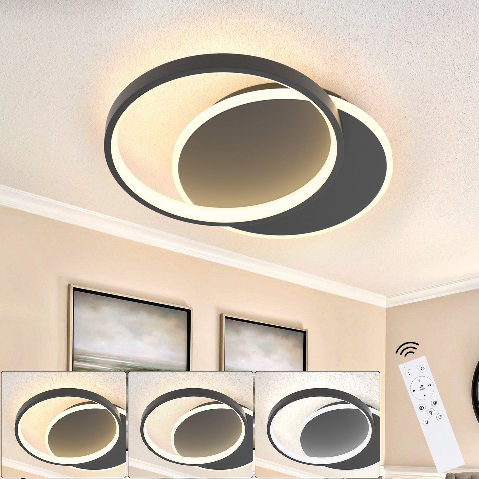 ZMH LED Deckenleuchte Dimmbar Deckenlampe Wohnzimmer mit 2 Rund Ring, LED  fest integriert, Tageslichtweiß, 35W, 2800lm