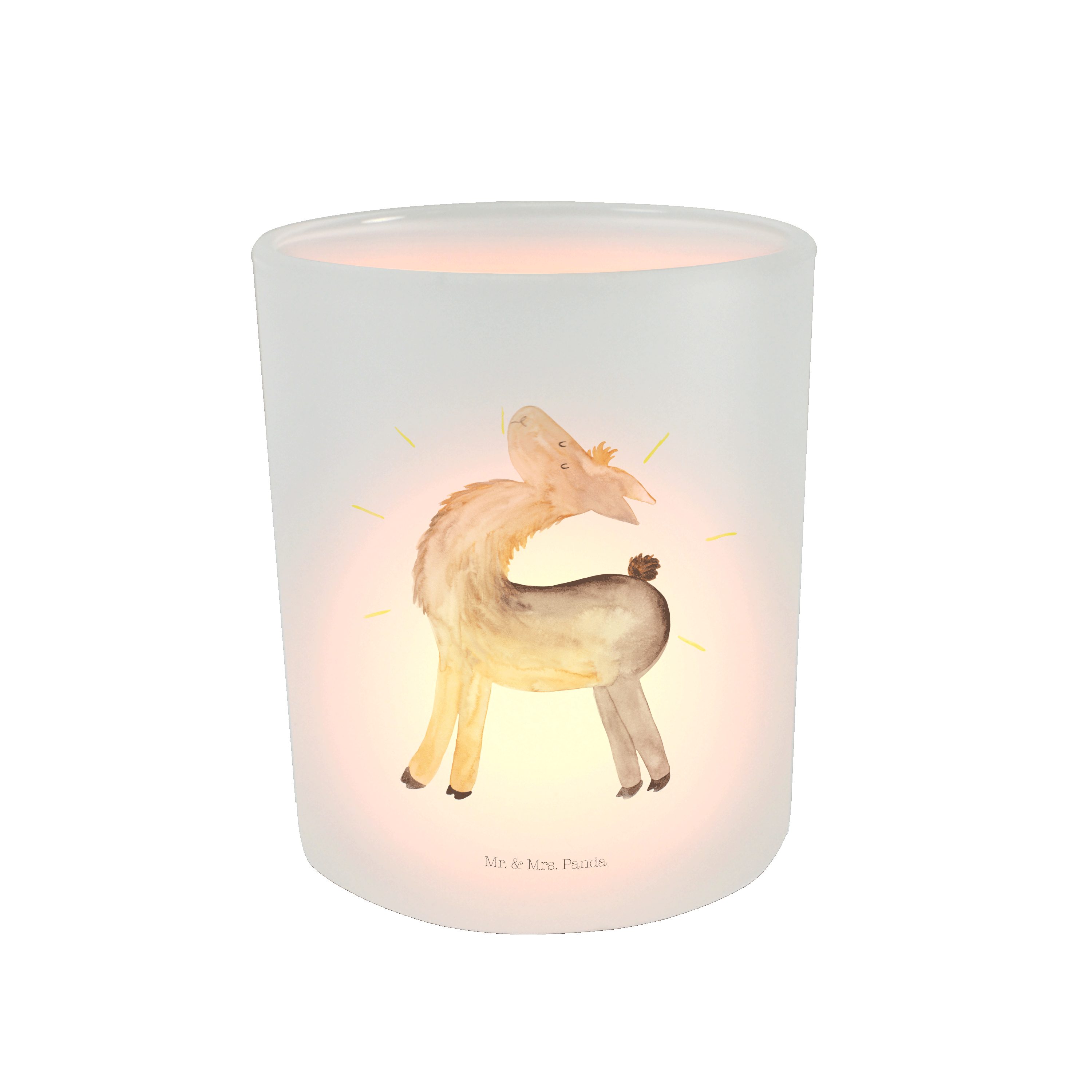 Mr. & Mrs. Panda Windlicht Lama stolz - Transparent - Geschenk, Windlicht Glas, Lamas, Teelichte (1 St)