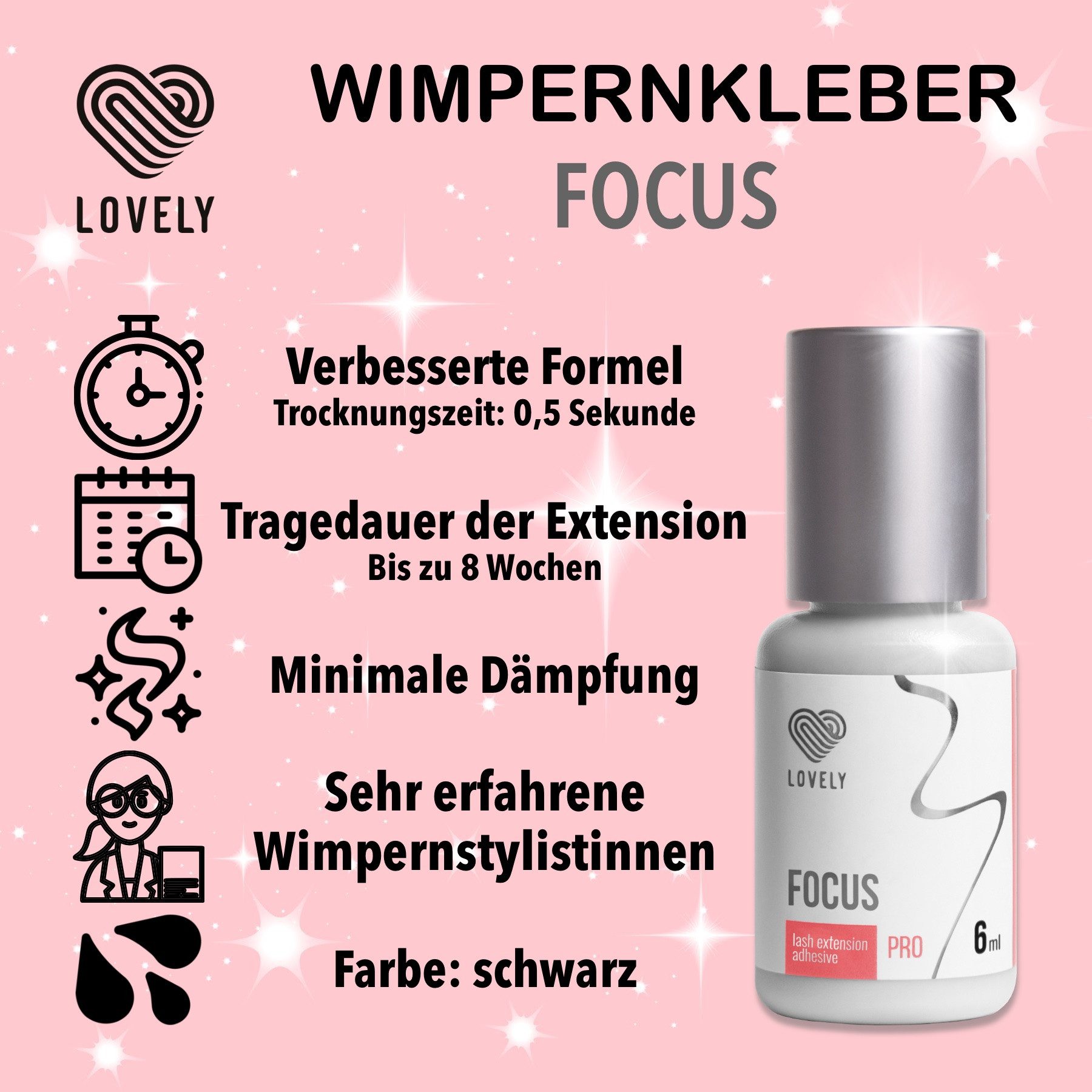 Lovely Wimpernkleber FOCUS 6ml, 10ml für professionelle Wimpernstylisten, Für professionelle WImpernverlängerung, Schnelle Trocknungszeit