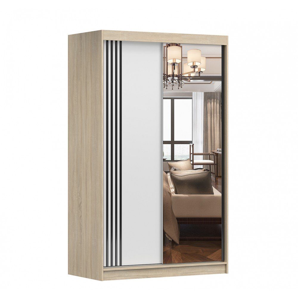 MOEBLO Kleiderschrank NOAH 07 (mit Spiegel Schwebetürenschrank 2-türig Schrank mit vielen Einlegeböden und Kleiderstange, Gaderobe Schiebtüren Schlafzimmer-Wohnzimmerschrank Modern Design), (BxHxT): 120x200x61 cm Sonoma + Weiß