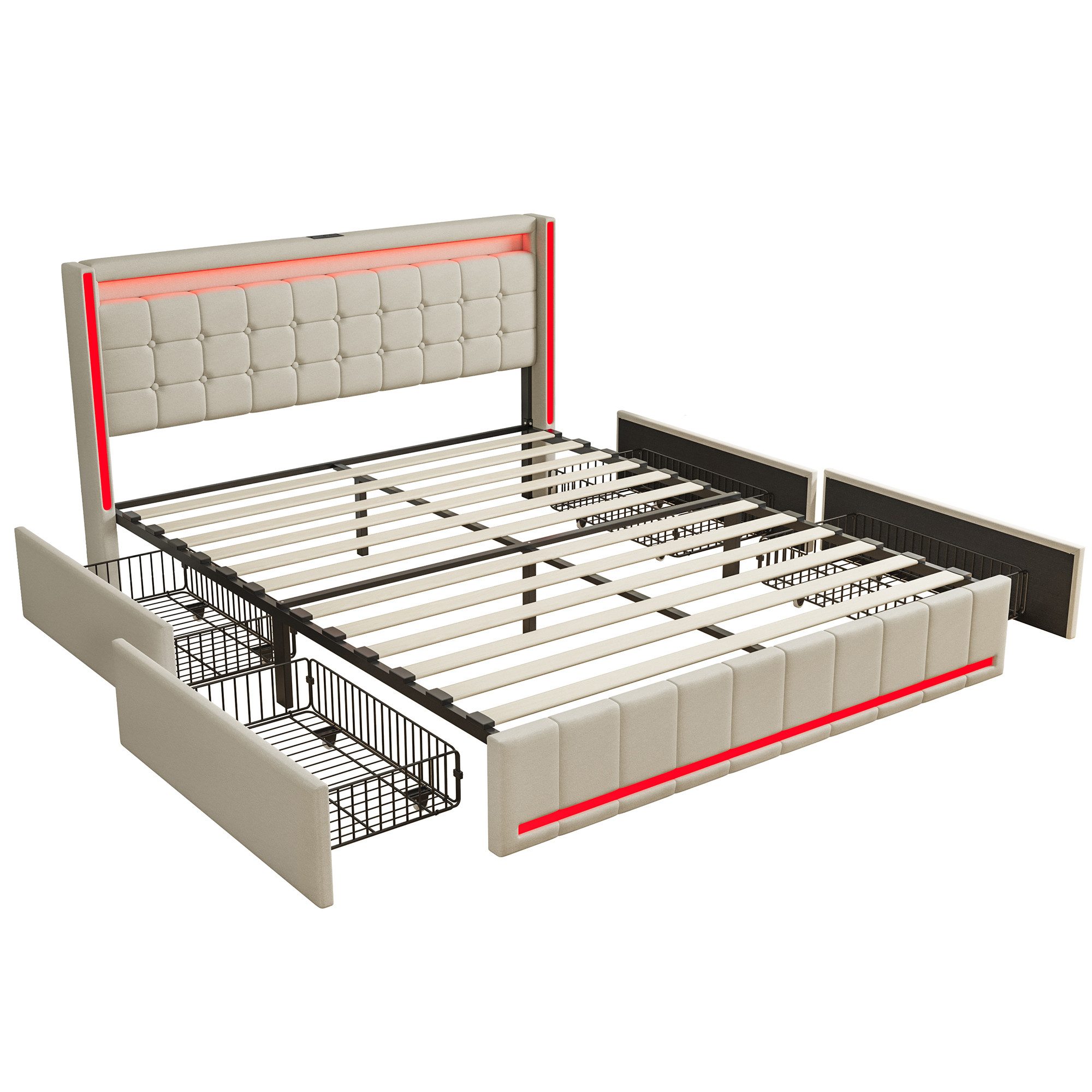 Simurq Polsterbett Stauraumbett Doppelbett mit LED Beleuchtung und Ladefunktion (Mit Komforthöhe Lattenrost, Leises Design Bett), Jugendbett 4 Schubladen Staura – Bild 4 von 5
