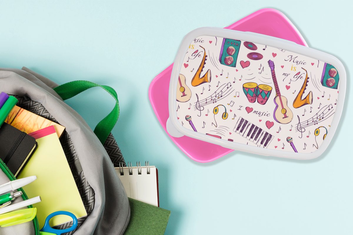rosa Brotbox Snackbox, Kunststoff, Kunststoff Musik - MuchoWow Lunchbox Kinder, für Brotdose - Zitate, Mädchen, Erwachsene, (2-tlg), Instrumente