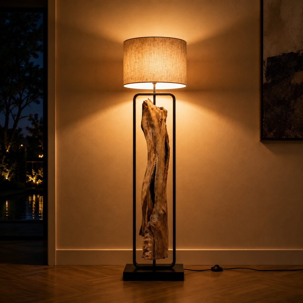 Möbel Bressmer Tischleuchte Treibholz Stehlampe Oliv 150 cm, Lampenschirm Natur